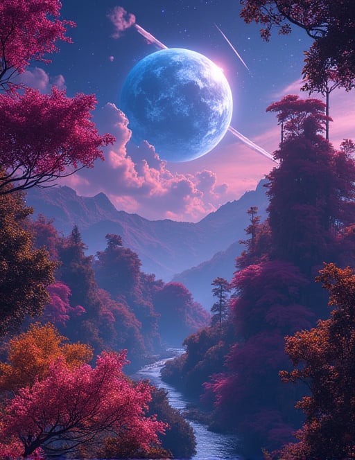 magical planet where everything is vibrant and full of colors where bright trees and flowers