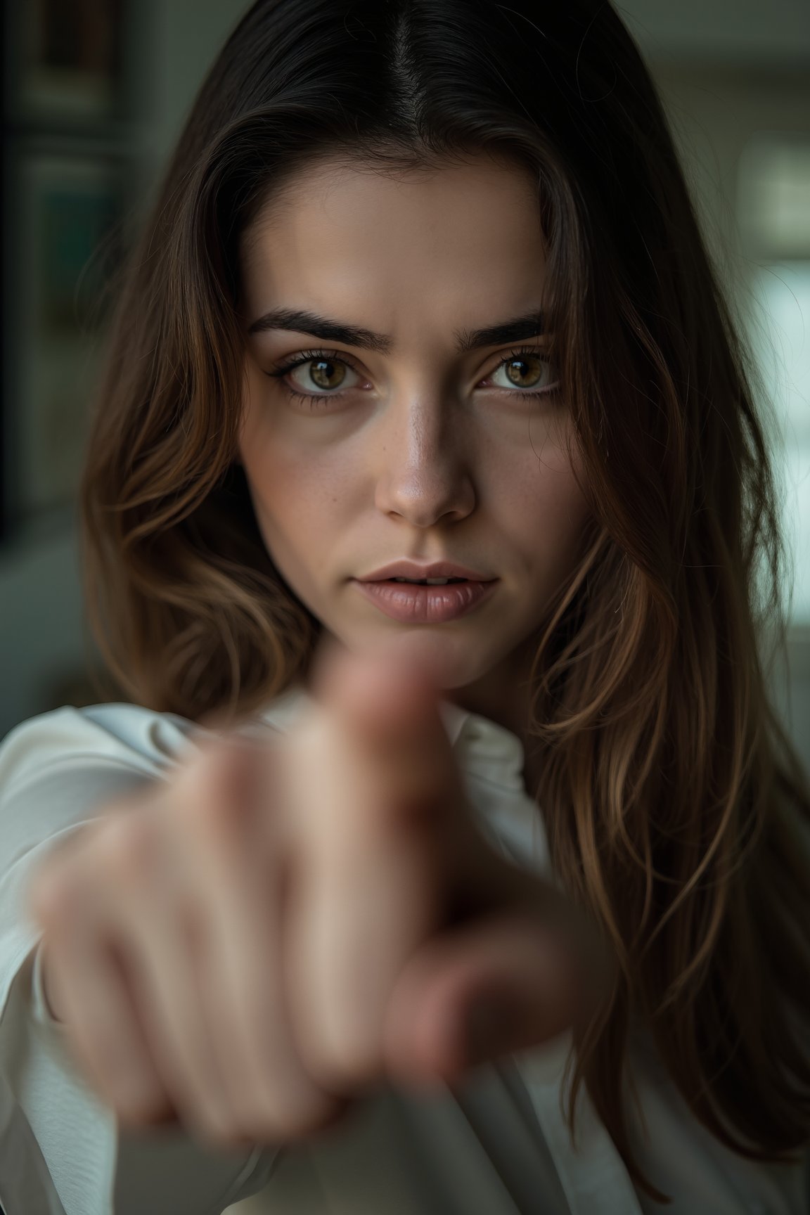 A woman's face is centered in the frame, her left eye slightly ajar while her right eye remains fixed on some unseen point. Her outstretched hand, palm facing forward, points accusingly as if indicating something just off-camera. The background is soft focus, allowing the viewer's attention to remain focused on the subject's intense gaze and dramatic pose.