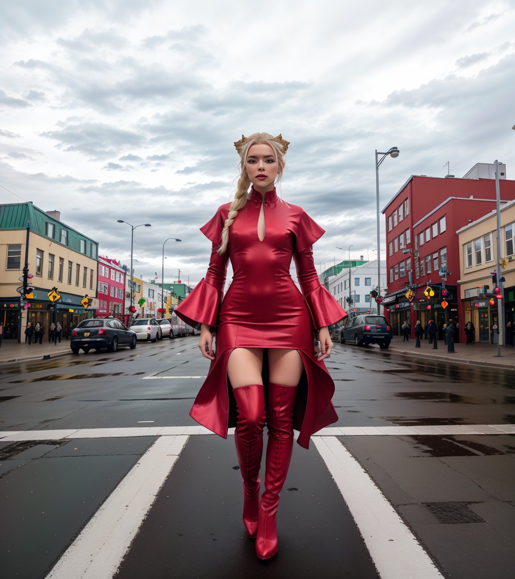 photo of a blonde high fashion Icelandic woman wearing pink haute couture, surreal :: very tall red tigh boots :: Reykjavík streets, crosswalks stripes, traffic lights, cloudy day --ar 2:3