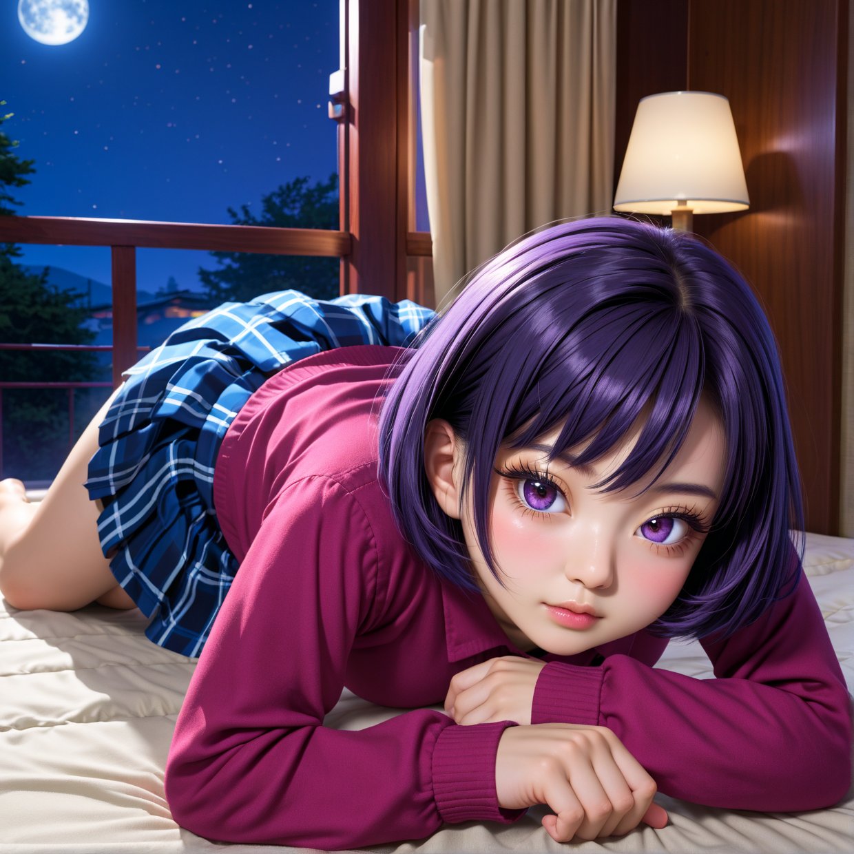 asterpiece, high resolution, illustration, kyoto animation style, your name is movie style, night, midnight, light, (1 woman: 1.3), (solo: 1.4), long eyelashes, short bob, nose blush, futon, lying down, tartan_skirt, face close-up, hide chest with hands, hide with hands,shirt , full body