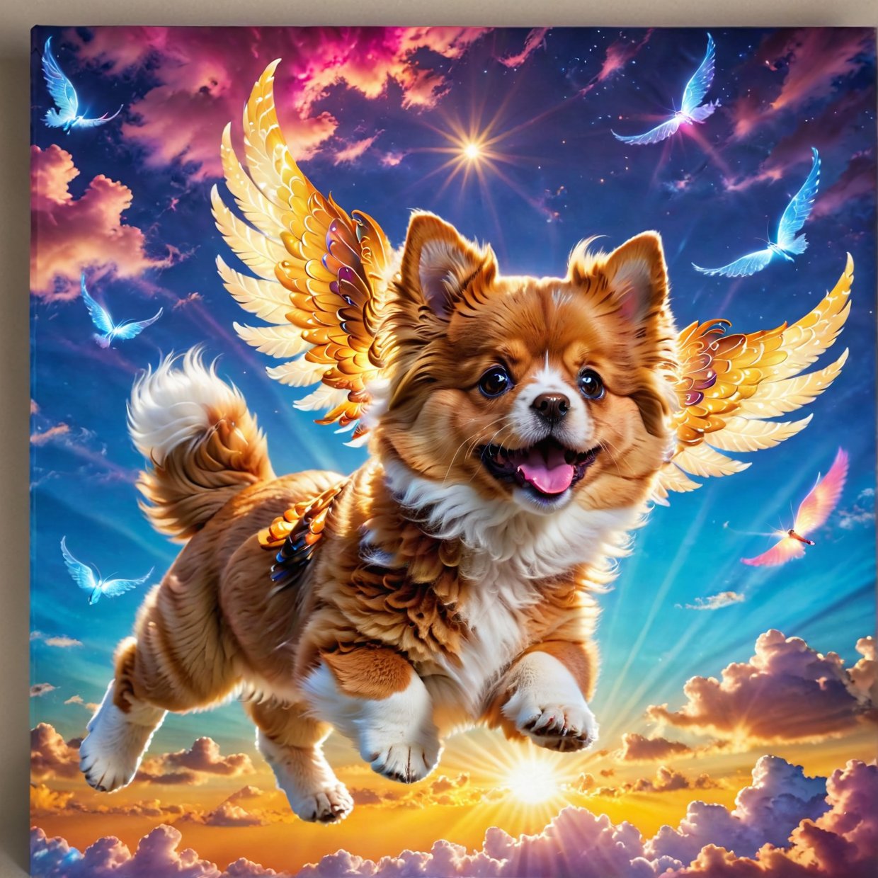 A cute fluffy puppy dog flying through the sky, adorable puppy with wings, beautiful detailed eyes, beautiful detailed nose, beautiful detailed mouth, extremely detailed face, longeyelashes, ultra realistic, photorealistic, 8k, best quality, masterpiece, vibrant colors, glowing golden fur, fluffy soft fur, detailed feathered wings, majestic, serene sky background, sunlight shining, volumetric lighting, cinematic lighting, warm color palette, magical, fantasy, whimsical