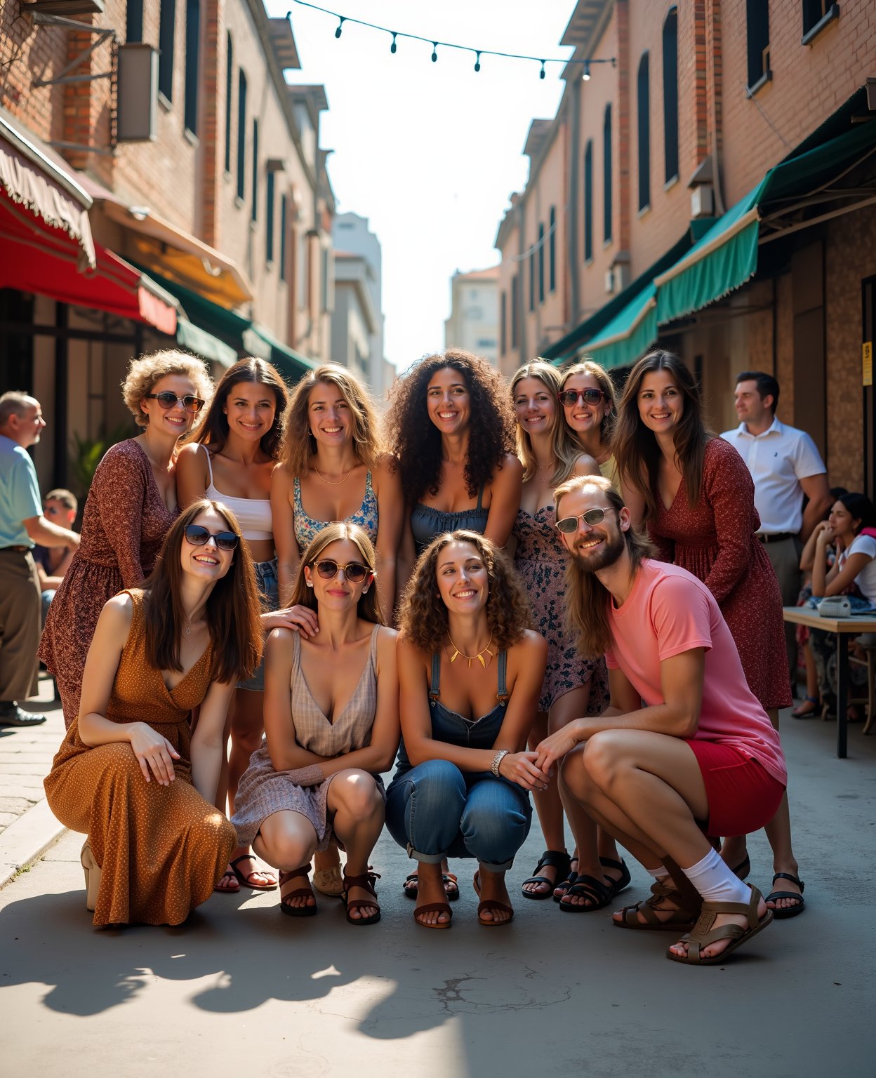 A vibrant street scene: A diverse group of women and men, aged randomly, with unique facial expressions and eclectic clothing ensembles, gather together to take a spontaneous photograph on a bustling street. Framed by crumbling brick facades and awnings, the group's mismatched styles - from bold patterns to casual wear - create a dynamic composition. Soft sunlight casts long shadows as they laugh, pose, and capture the moment.