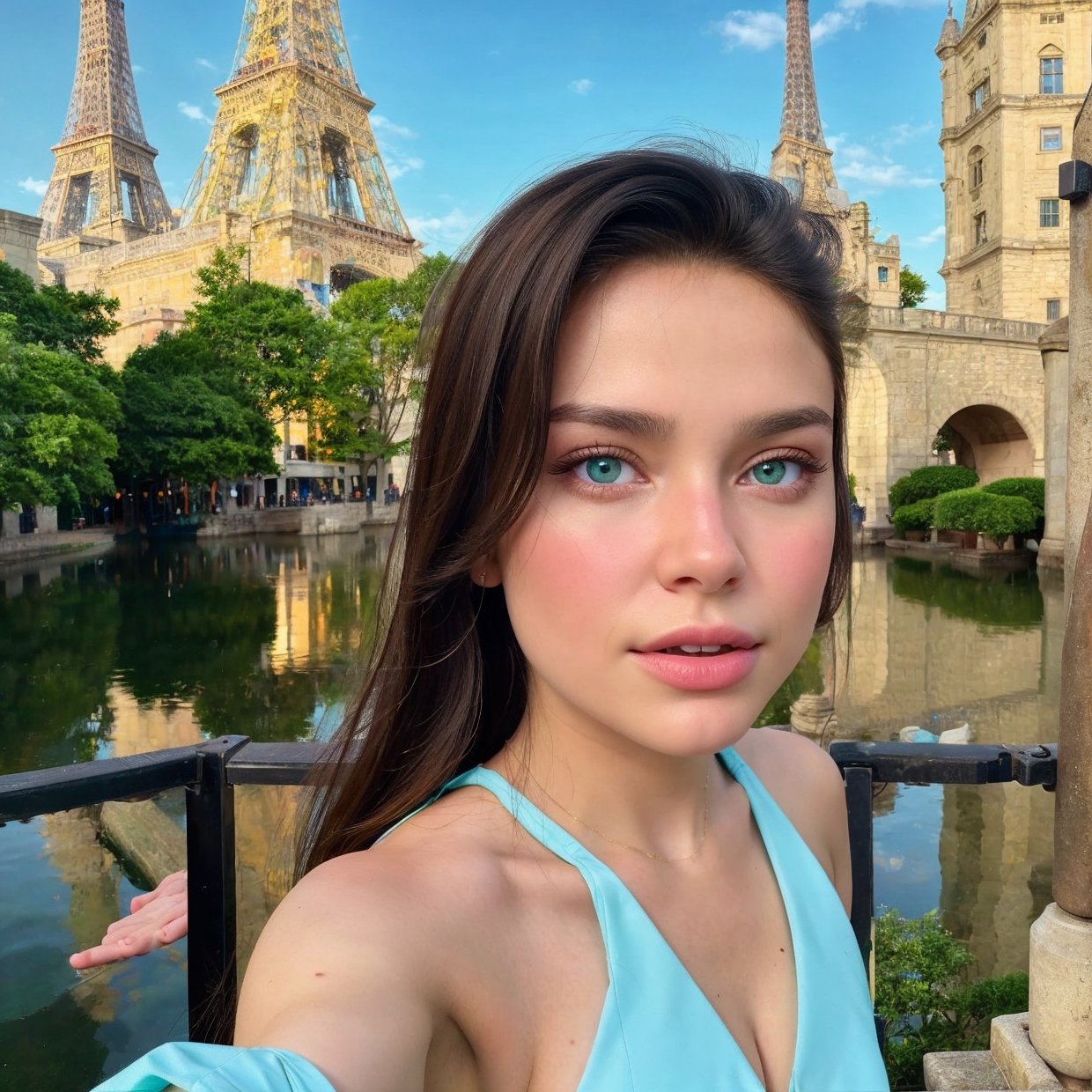 8K, Best Quality, Masterpiece, Ultra High Resolution, (Realism: 1.4), Original Photo, (Realistic Skin Texture: 1.3), (Film Grain: 1.3), (Selfie Angle), 1 Girl, Beautiful Eyes and Face Details, Masterpiece, Best Quality, Close-up, Upper Body, Looking at the Viewer