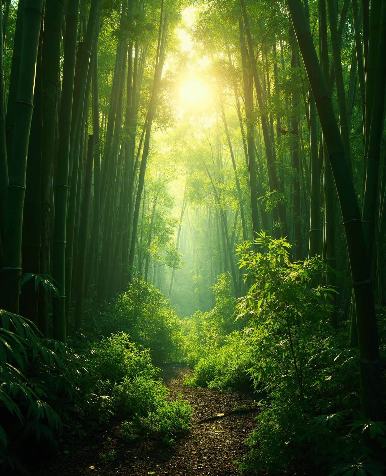 a lush bamboo forest, serene bamboo trees, detailed bamboo stalks and leaves, natural sunlight filtering through the bamboo, peaceful forest atmosphere, tranquil landscape, high quality, 8k, photorealistic, professional photography, vivid colors, warm lighting, cinematic composition, beautiful natural scenery