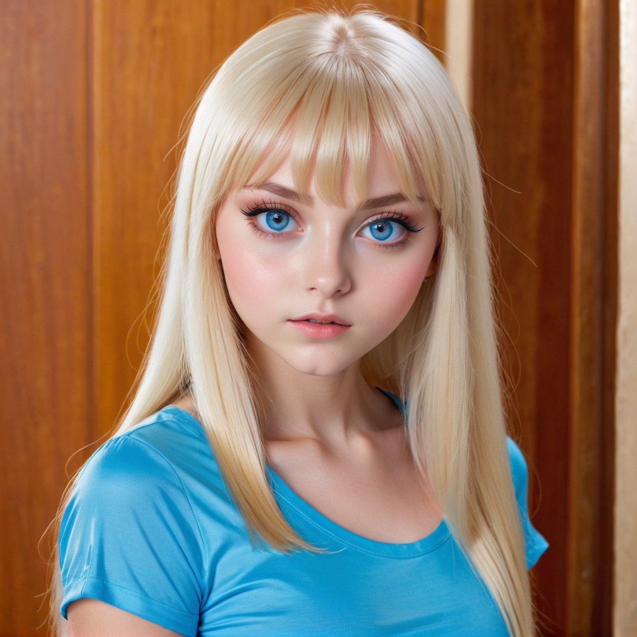 Unparalleled beauty, shiny shiny firm and shiny skin, bangs between eyes, shiny straight beautiful platinum blonde, super long straight silky hair, eyeliner, sexy beautiful innocent 14 years old, high definition big big beautiful bright blue eyes, beautiful and lovely girl, baby face, short sleeve shirt