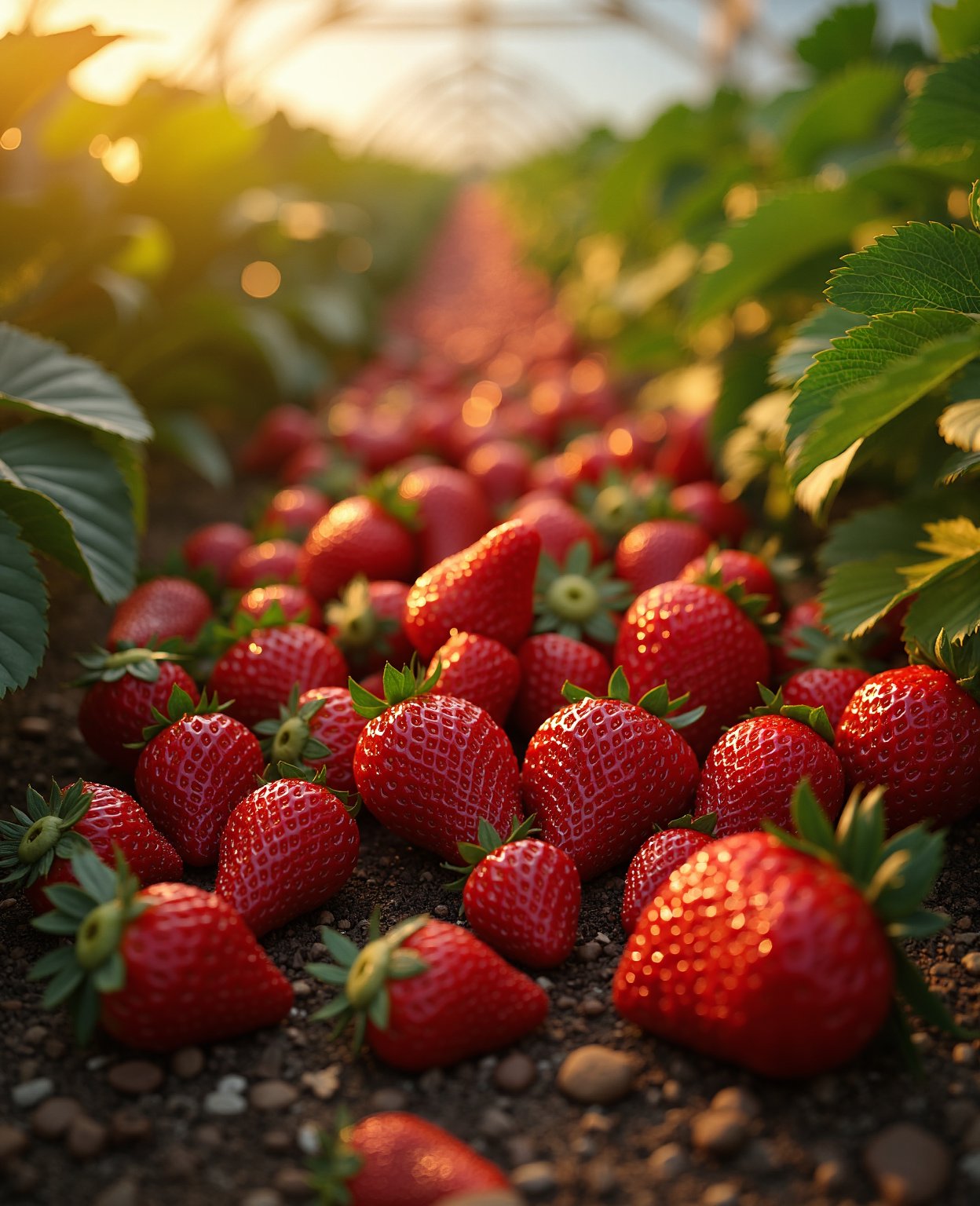 a strawberry,strawberry field,strawberry field with sunlight,glowing strawberries,ripe strawberries,strawberry patch,strawberry plants,fresh strawberries,strawberry farm,strawberry bushes,strawberry leaves,strawberry flowers,strawberry vines,strawberry greenhouse,strawberry greenhouse interior,strawberries in baskets,strawberries on wooden table,strawberries in sunlight,detailed strawberries,hyper realistic strawberries,photorealistic strawberries,(best quality,4k,8k,highres,masterpiece:1.2),ultra-detailed,(realistic,photorealistic,photo-realistic:1.37),HDR,UHD,studio lighting,ultra-fine painting,sharp focus,physically-based rendering,extreme detail description,professional,vivid colors,bokeh