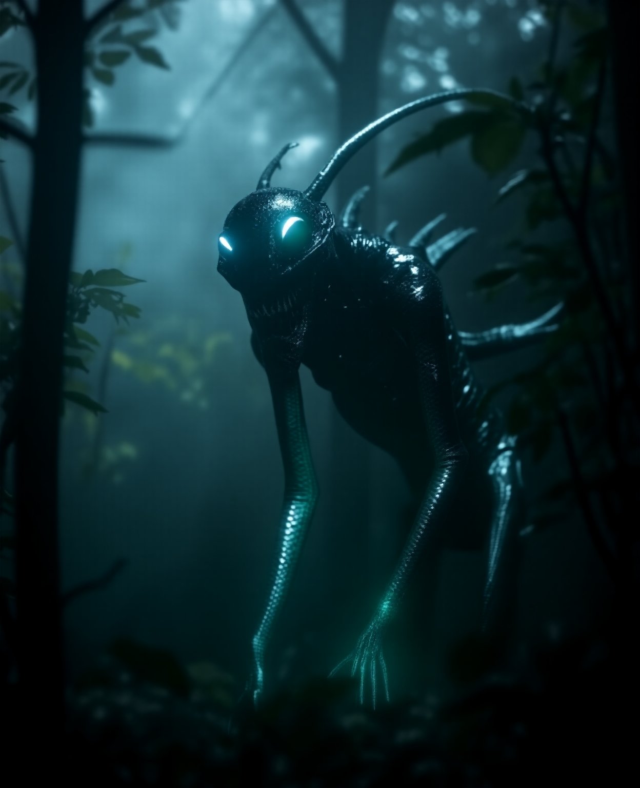 Close-up shot of an eerie, glowing-eyed ALIEN emerging from a misty, dark forest. The creature's scaly skin glistens under dim, moonlit illumination. Its long, spindly arms stretch out like ghostly tendrils, as if searching for prey. The framing emphasizes the alien's otherworldly presence, with the surrounding foliage and shadows creating an ominous atmosphere.