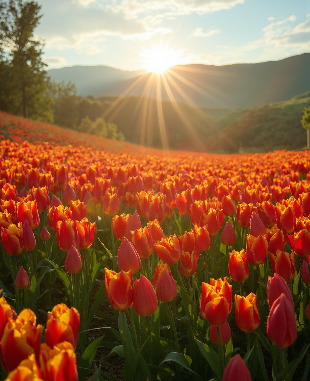 A beautiful field of colorful tulips in full bloom, vibrant petals, lush green foliage, rolling hills in the background, warm golden sunlight, serene pastoral landscape, breathtaking natural beauty, (best quality,4k,8k,highres,masterpiece:1.2),ultra-detailed,(realistic,photorealistic,photo-realistic:1.37),intricate floral details,vibrant colors,natural lighting,landscape,flower field,spring scene,pastoral,idyllic,tranquil