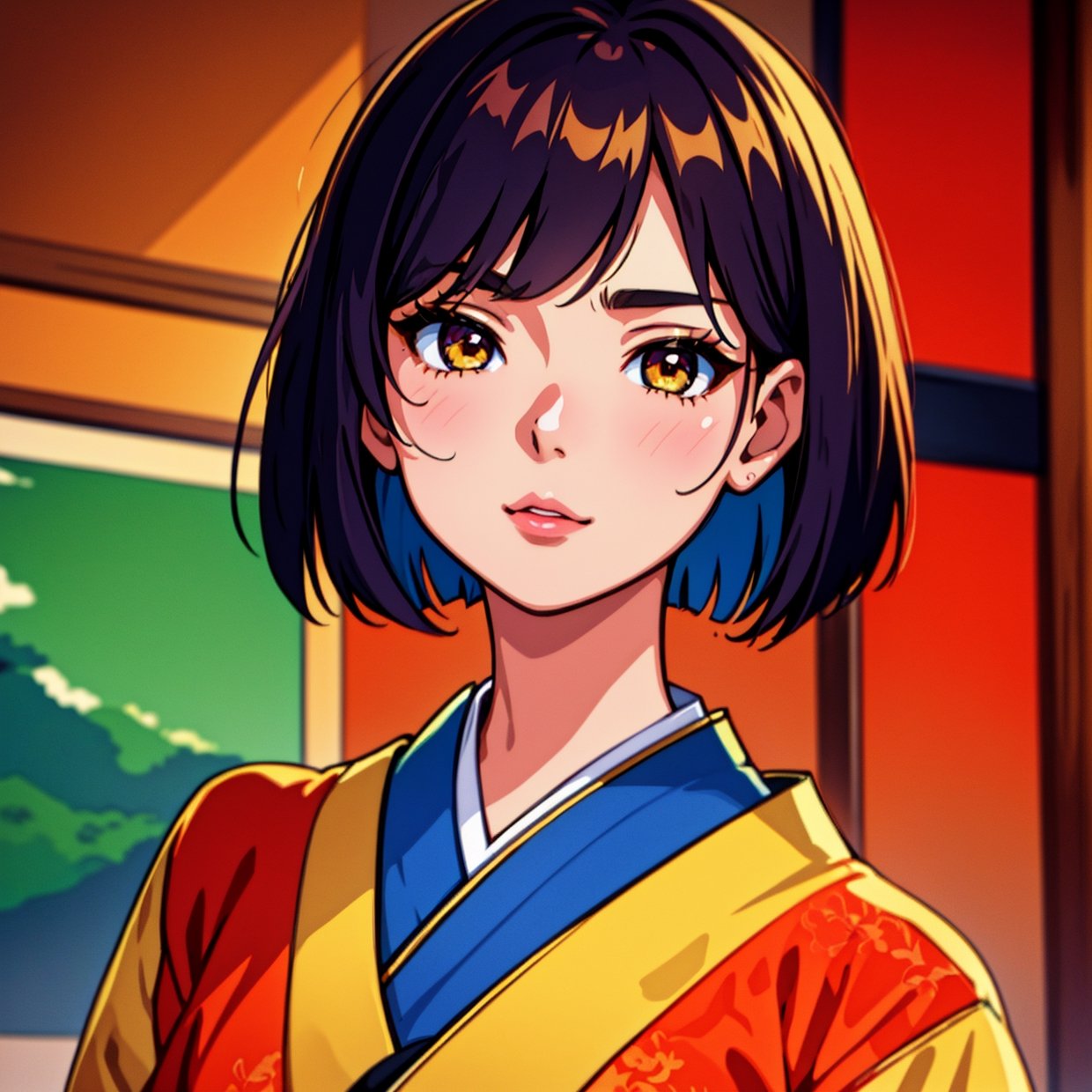 Top Quality, Masterpiece, High Definition, 1girl, Beautiful and Perfect Face, Bob Cut, Japanese Clothing,Kimono, Intricate Details, Cinematic Feel, 8K, Very Detailed