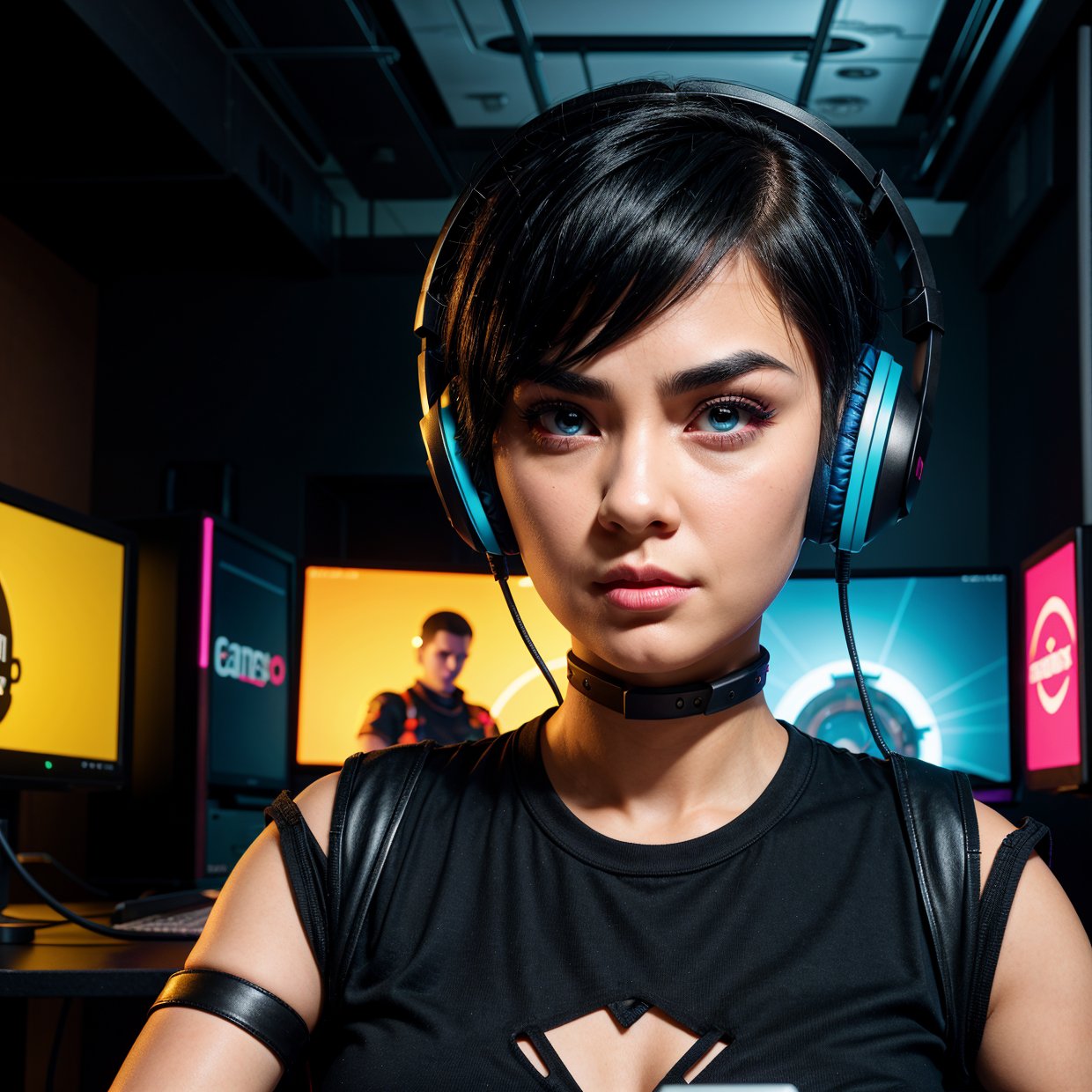 4 cards cartoon style, cyberpunk, short hair, thick eyebrows, digital punk, anime style 4K, short sleeve gaming clothes, black hair, computer room, overhead gaming headset