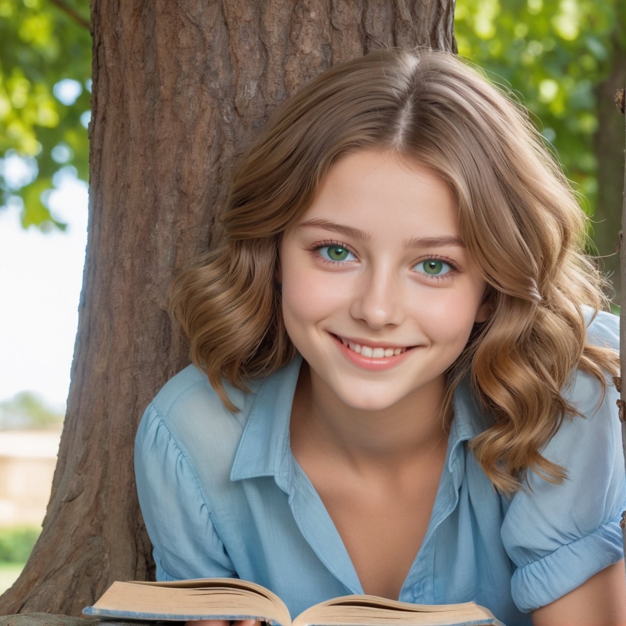 masterpiece, best quality, ultra-detailed), portrait of an 18-year-old woman with light brown hair, curled green eyes, beige blouse and blue jeans smiling blue shorts sung from under a tree (leaning against the tree) and reading a brown book -auto utra realistic --  