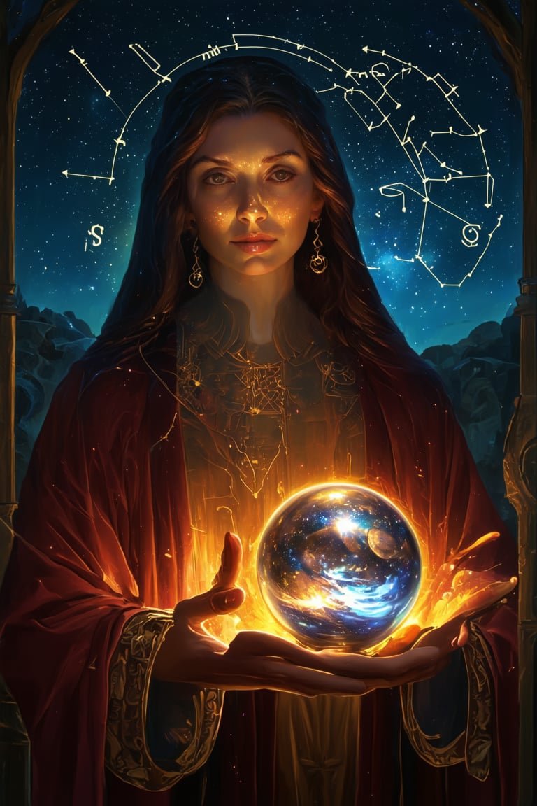 astrologer, starry night sky, planetary constellations, crystal ball, ancient astronomy, mystical symbols, horoscope, zodiac, divination, cosmic energy, ethereal glow, celestial magic, intricate details, imaginative composition, cinematic lighting, dramatic atmosphere, fantasy art, deep color palette, mesmerizing digital art