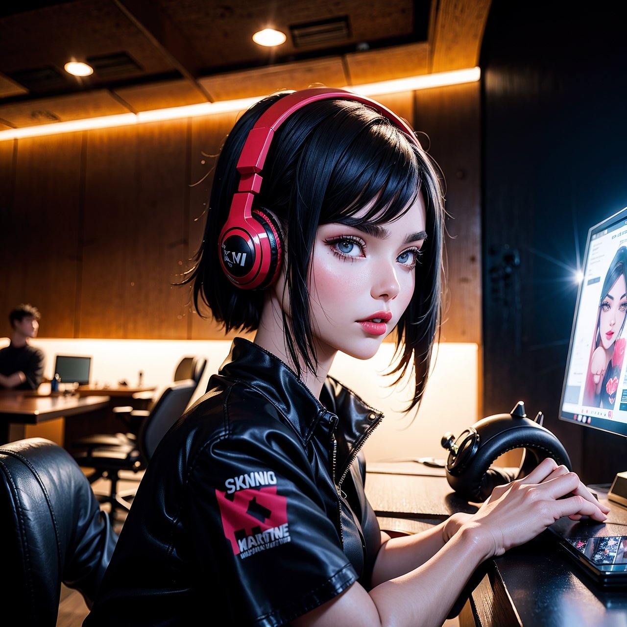 4 cards cartoon style, cyberpunk, short hair, thick eyebrows, digital punk, anime style 4K, short sleeve gaming clothes, black hair, computer room, overhead gaming headset