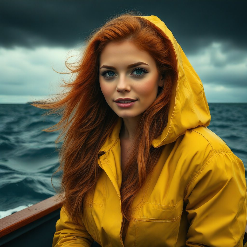 (masterpiece:1.2), best quality, photo of beautiful female fisherman, gingerhair, 40yo, wearing yellow raincoat, (on fishing boat:1.3), dark clouds, Photorealistic, Hyperrealistic, Hyperdetailed, analog style, hip cocked, demure, low cut, detailed skin, matte skin, soft lighting, subsurface scattering, realistic, heavy shadow, masterpiece, best quality, ultra realistic, 8k, golden ratio, Intricate, High Detail, film photography, soft focu