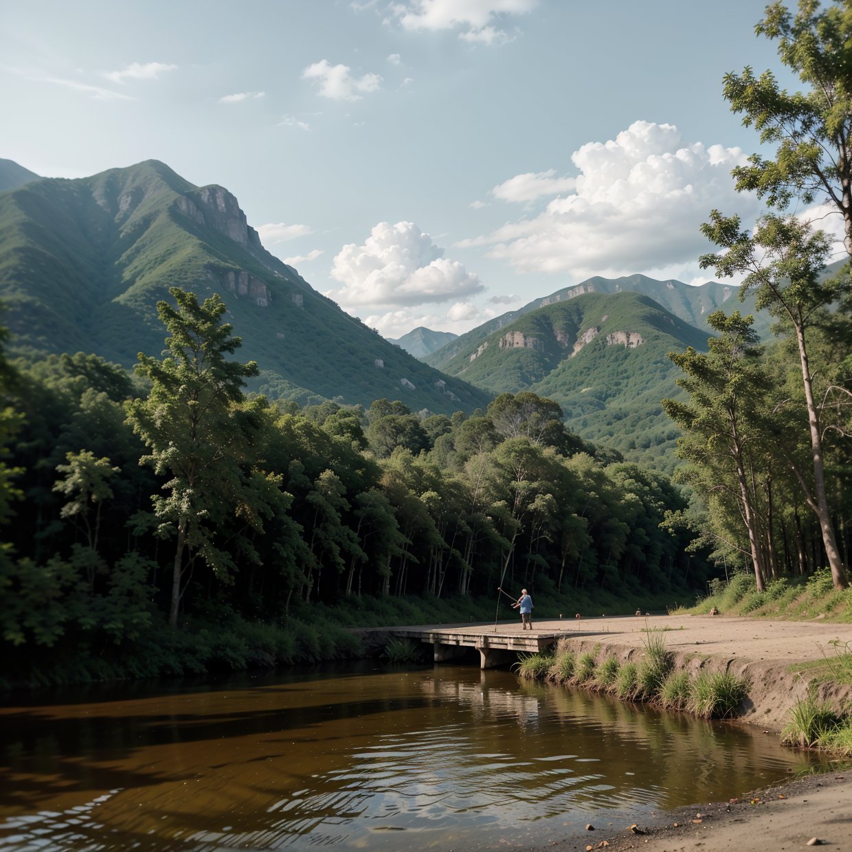 a person fishing by the lake, sitting on a wooden pier, holding a fishing rod, peaceful countryside landscape with mountains in the background, detailed clouds in the sky, golden hour lighting, realistic, photorealistic, photo-realistic:1.37, (best quality,4k,8k,highres,masterpiece:1.2),ultra-detailed,HDR,vivid colors,studio lighting,extreme detail description