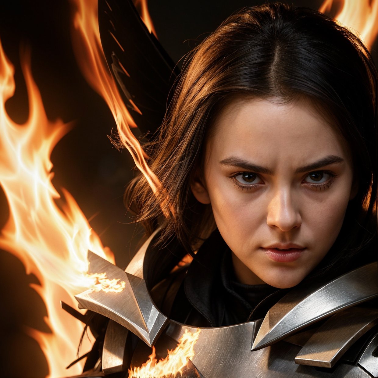 ((super fine illustration, 8k, Masterpiece , Sharp focus , depth of field)), Beautiful swordswoman, absurdity, Highly detailed face and skin texture, silver hair, jet-black armor, flame armor, cloak wrapped in flames, sword wrapped in flames, flame wings, determination to overcome sorrow, A sign of determination in your gentle eyes , strong soul