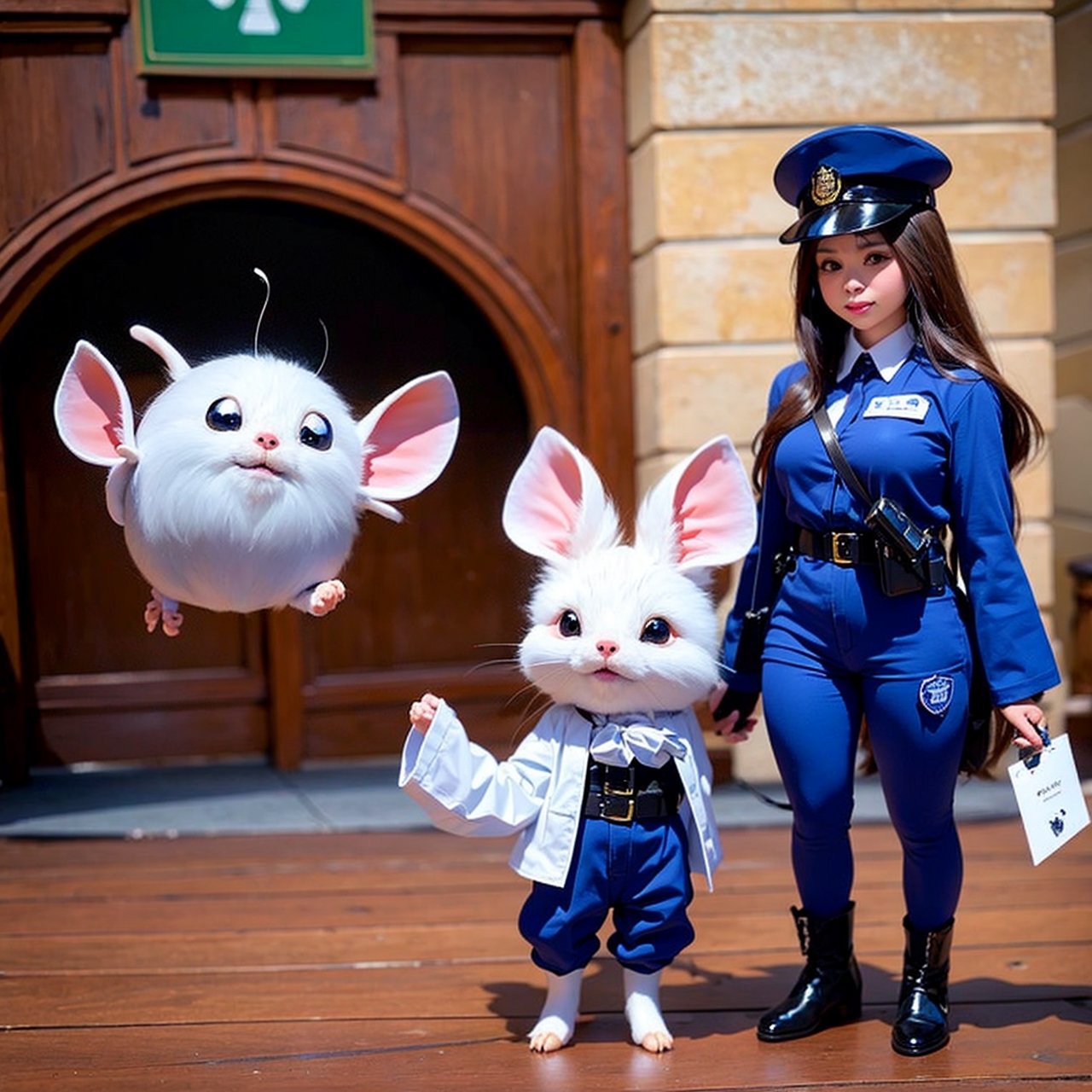 Imaginative concept art of a cute creature inspired by Lora, with the appearance of a mouse and dressed as a woman policeman. (CuteCreatures tag weighted at 0.9)