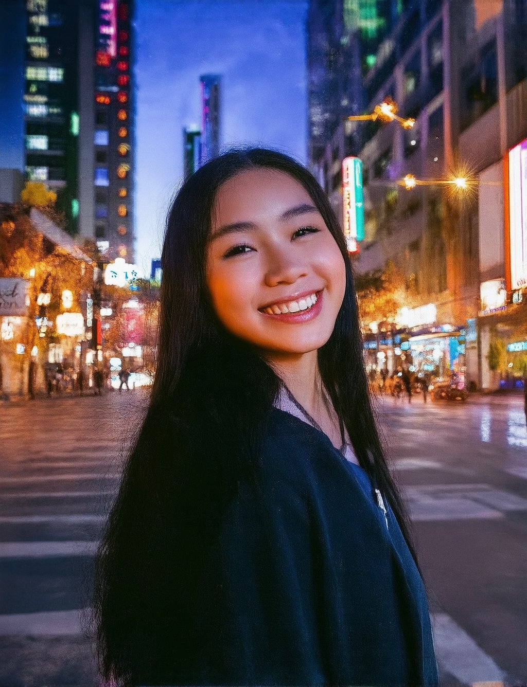 A lone figure stands at the edge of a bustling city street under the soft glow of neon lights at midnight. The girl's bright smile illuminates her face as she gazes up at the starry sky, her eyes sparkling with wonder. The urban landscape hums with activity in the background, yet she remains serene, basking in the tranquility of the late-night atmosphere.