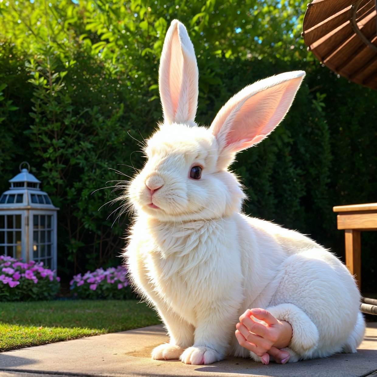 a rabbit with fluffy white fur, long rabbit ears, cute expression, sitting in a garden, outdoors, spring scenery, soft natural lighting, delicate details, photorealistic, award winning digital art, intricate fur textures, vibrant colors, cinematic composition,SD 1.5