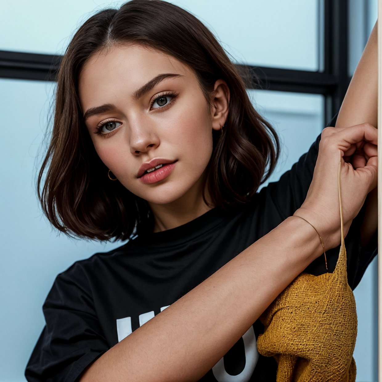  arafed woman in a black shirt pointing at her wrist, anna nikonova aka newmilky, portrait sophie mudd, 4k fashion shoot, in style of kyrill kotashev, aleksandra waliszewska, style of ilya kushinov, style of julia razumova, ilya kuvishinov style