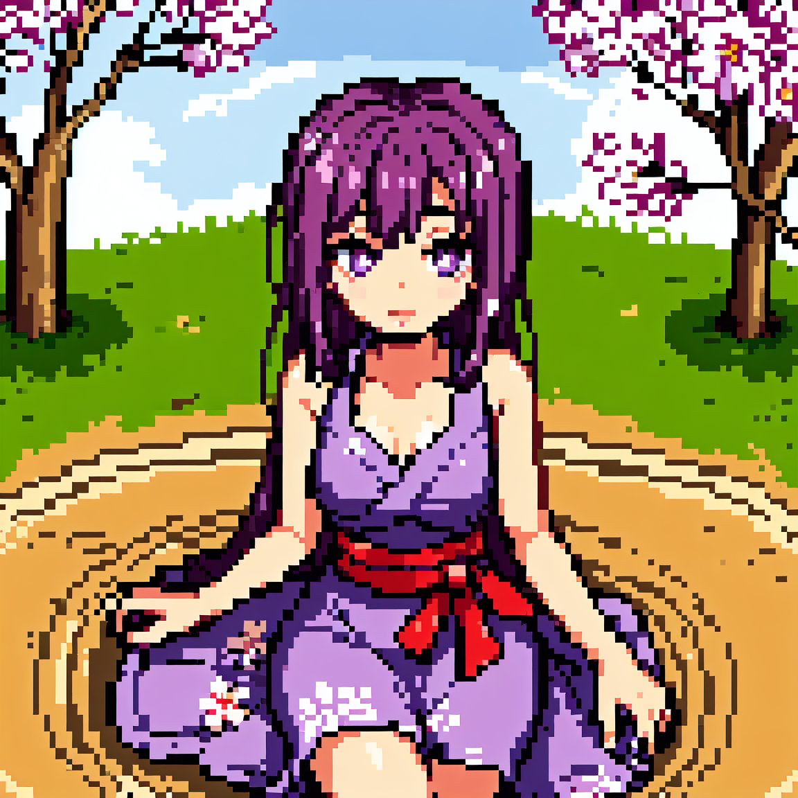 A 16-year-old Japanese beauty,in the sakura flowers.Turn slightly,iris purple dress