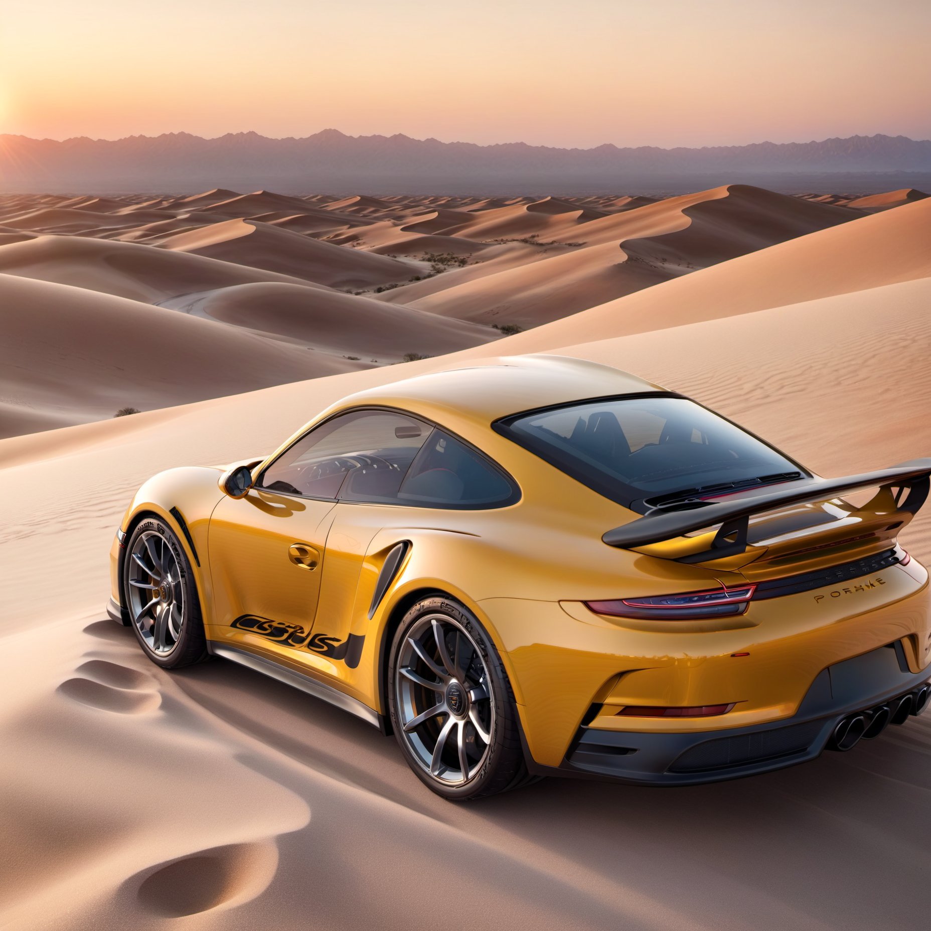 A sleek Porshe 911 navigates through a vast, golden-hued desert landscape, with the sun setting low on the horizon. The sports car's glossy black finish seems to absorb the radiant light, while the sandy dunes stretch out in every direction, creating a sense of isolation and freedom.