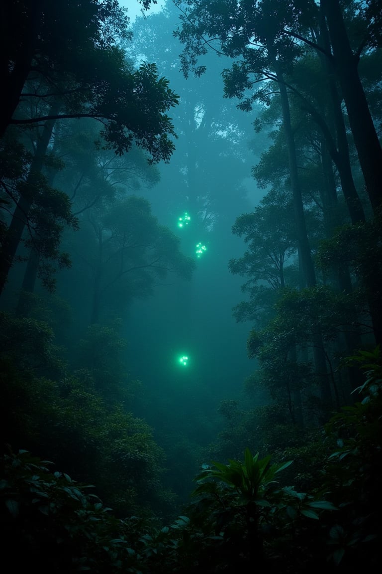 (best quality,realistic:1.37)thick dense forest,glowing fireflies,rainy night,moist air,foggy atmosphere,dripping leaves,dewy grass,majestic trees,mysterious shadows,serene ambiance,gentle raindrops,peaceful solitude,whispering breeze,nature's symphony,Latin American rainforest,enchanted evening,hint of moonlight,sparkling bioluminescence,lush vegetation,hidden treasures,nighttime wonderland,surreal beauty,mysterious flickering lights,emerald hues,calming sounds of nature,silhouette of wildlife,magical dance of lights,ethereal glow,flickering fireflies,hypnotic scene,enchanted forest,watercolor painting effect,subtle color gradients,soft lighting,sublime landscape.