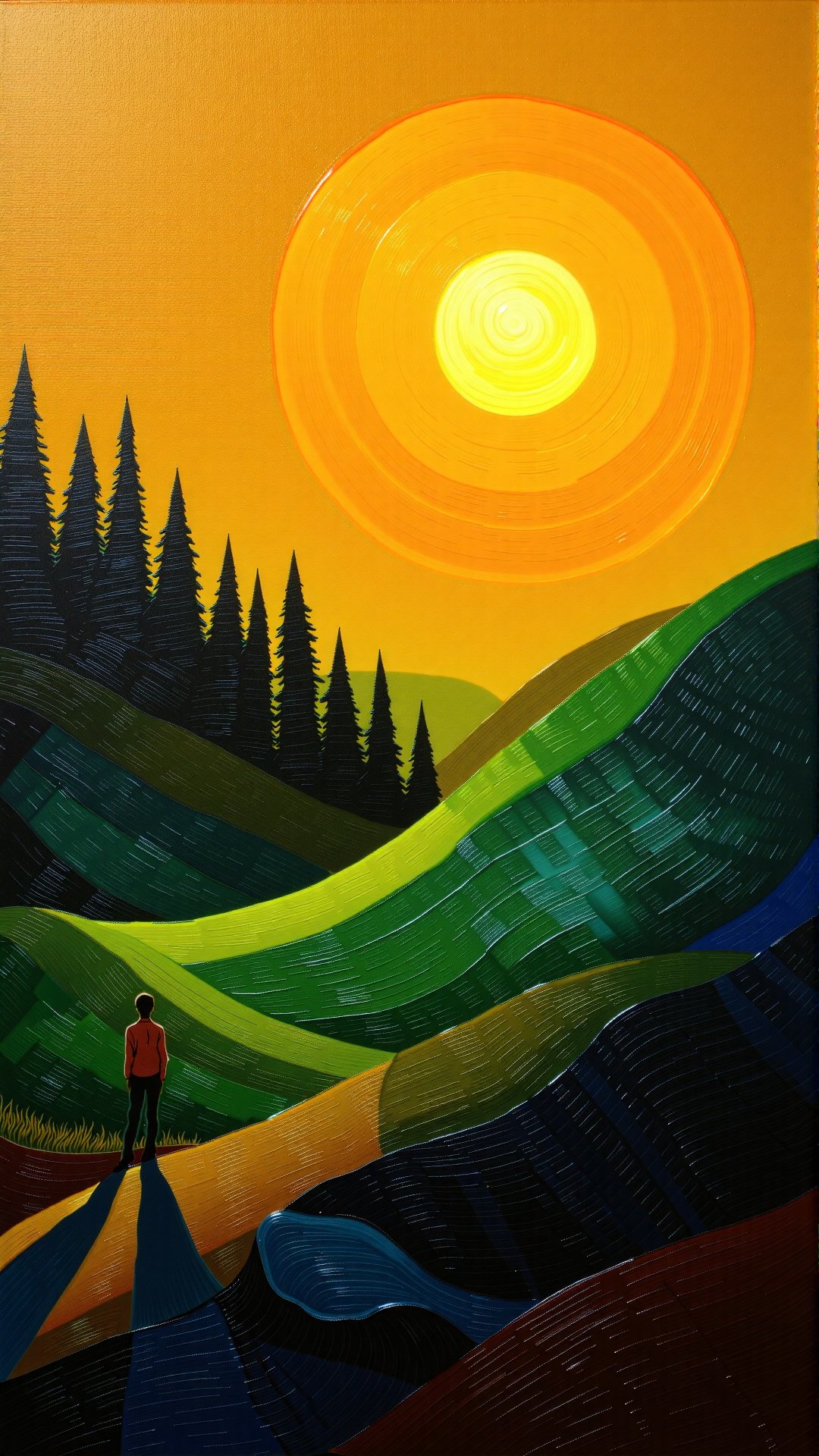 Golden Hour Serenity: A majestic abstract oil painting on canvas, bursting with vibrant colors. The serene landscape unfolds at dusk, as warm golden light bathes rolling hills, contrasted against the distant dense forest's treetops reaching for the sky like a natural cathedral. A solitary figure stands atop a knoll, backlit by the setting sun, casting long shadows across lush greenery, while the perfect composition and harmony of brightness evoke a sense of peaceful tranquility.