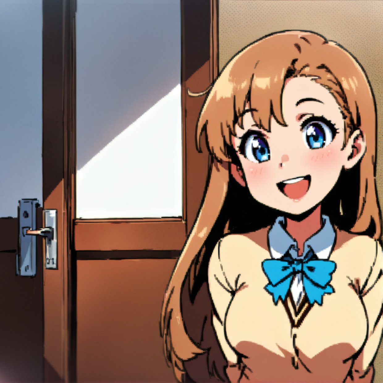 high_school_girl, SAM YANG, school_uniforms, Happy face , disheveled, bag, aaasuna, sexy, school, wating for you come home, Entrance, happy to see you, want to hug, smile, open mouth, arms behind back, leaning forward,anime