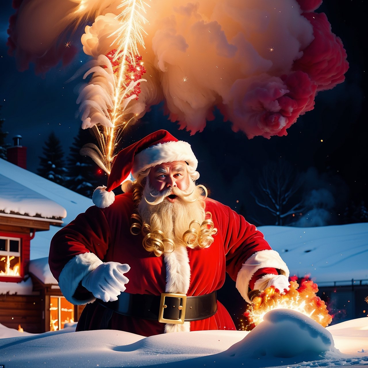 (furious Santa Claus burning a pile of gifts outside the house with a winter background),fire,destruction,angry expression,thick smoke,flames,red suit,white beard,sparkling sparks,blizzard,snow-covered ground,icy trees,chaotic scene,powerful motion,cold and windy atmosphere,dramatic lighting,emotionally charged,highly detailed,high contrast,realistic,concept art,harsh winter colors,strong visual impact  