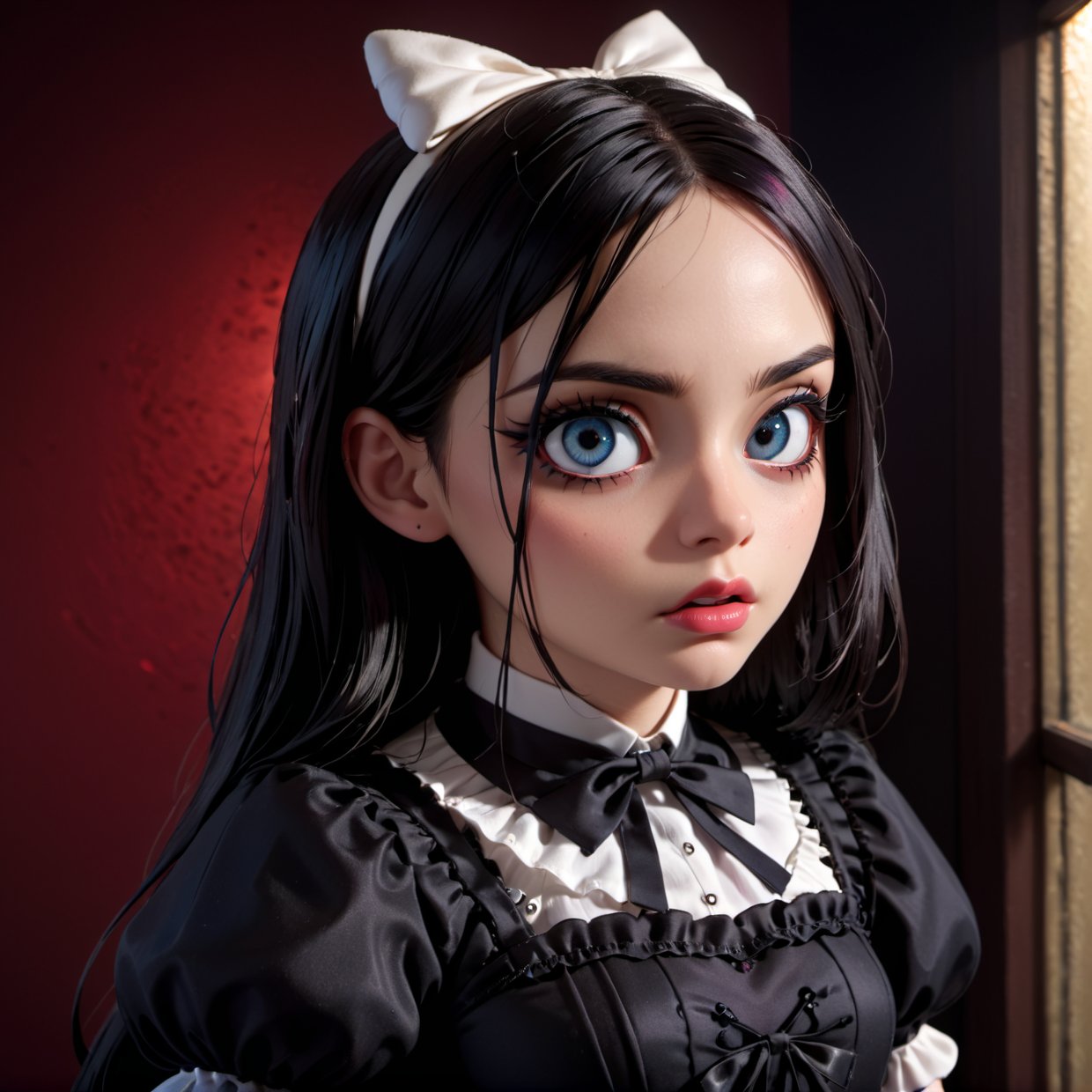  a mean girl, 1girl, beautiful detailed eyes, beautiful detailed lips, extremely detailed face and expression, intense gaze, dark makeup, long dark hair, gothic lolita dress, black and white, dramatic lighting, cinematic, dark moody atmosphere, (best quality,8k,highres,masterpiece:1.2),ultra-detailed,(realistic,photorealistic,photo-realistic:1.37),dramatic lighting,chiaroscuro,dark moody colors