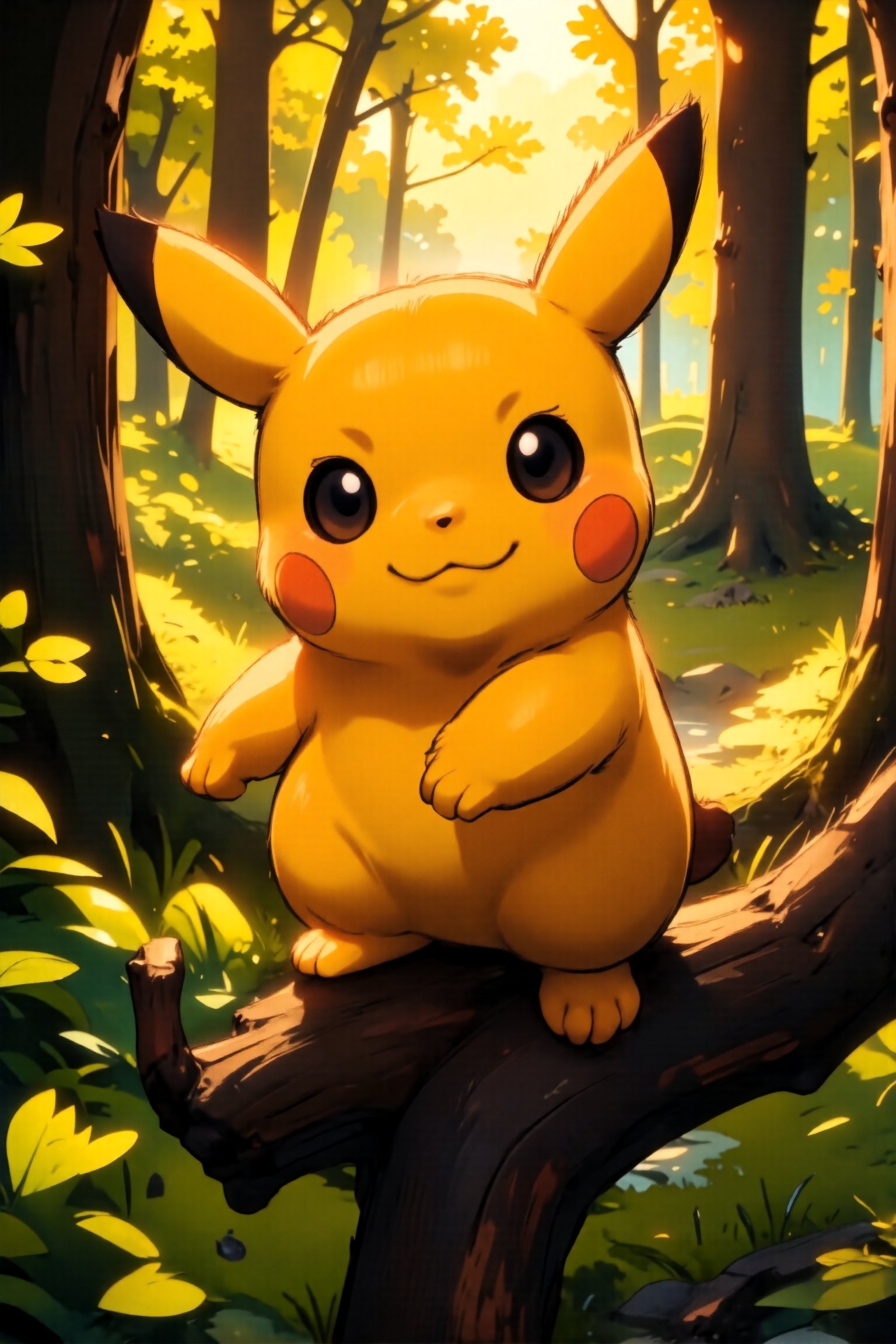 A cute pikachu, hyper-realistic, highly detailed, extremely detailed, extremely detailed face and eyes, vibrant colors, dynamic pose, sitting on a branch, in a lush forest, golden hour lighting, cinematic, photorealistic, 8k, best quality