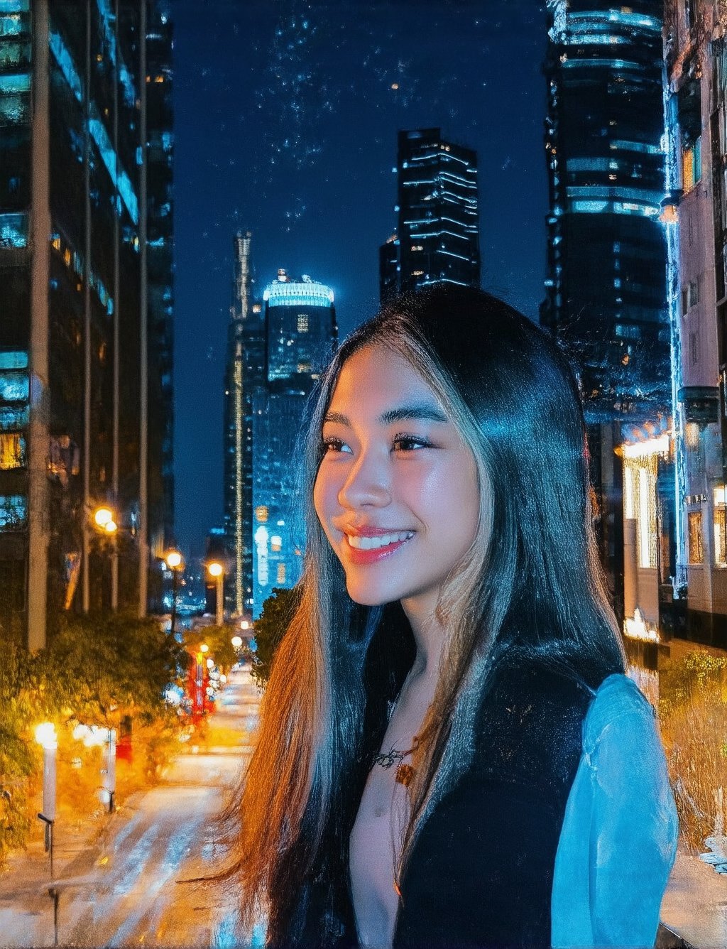 A solitary figure, a young woman with a radiant smile, stands out against the vibrant neon lights of the city at midnight. The urban landscape stretches behind her, with towering skyscrapers and bustling streets. Her face glows with an inner light, illuminated by the soft glow of street lamps, as she gazes up at the starry sky.