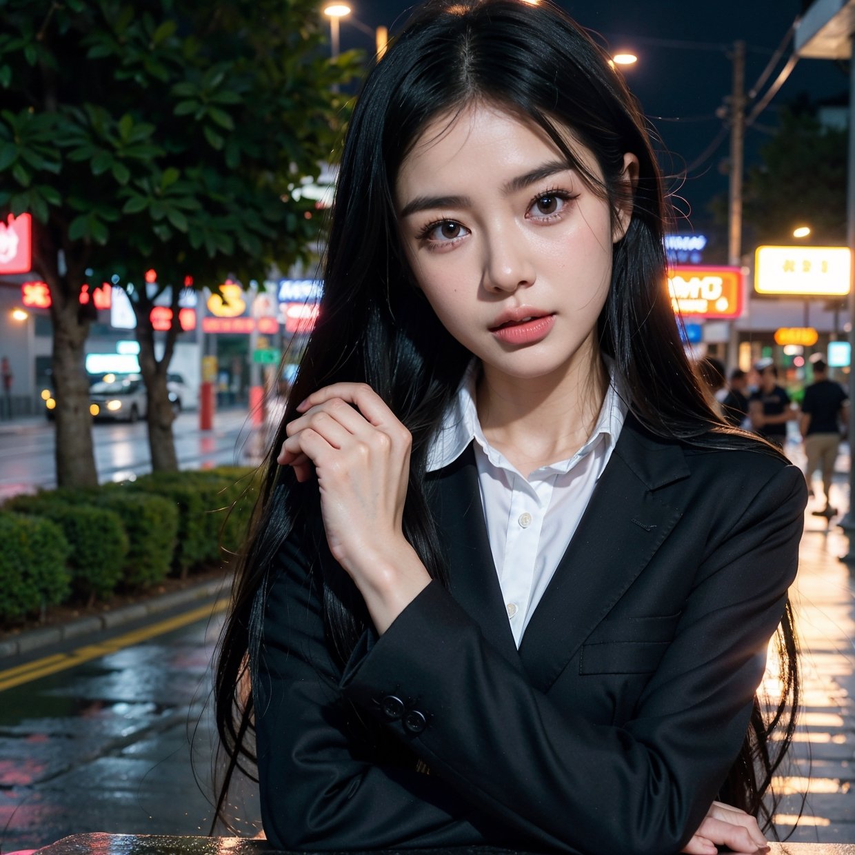 1girl, long black hair, uniform, shy, blush, wet, rain, transparent, (masterpiece, best quality), soft light, cinematic composition, cinematic light,girl