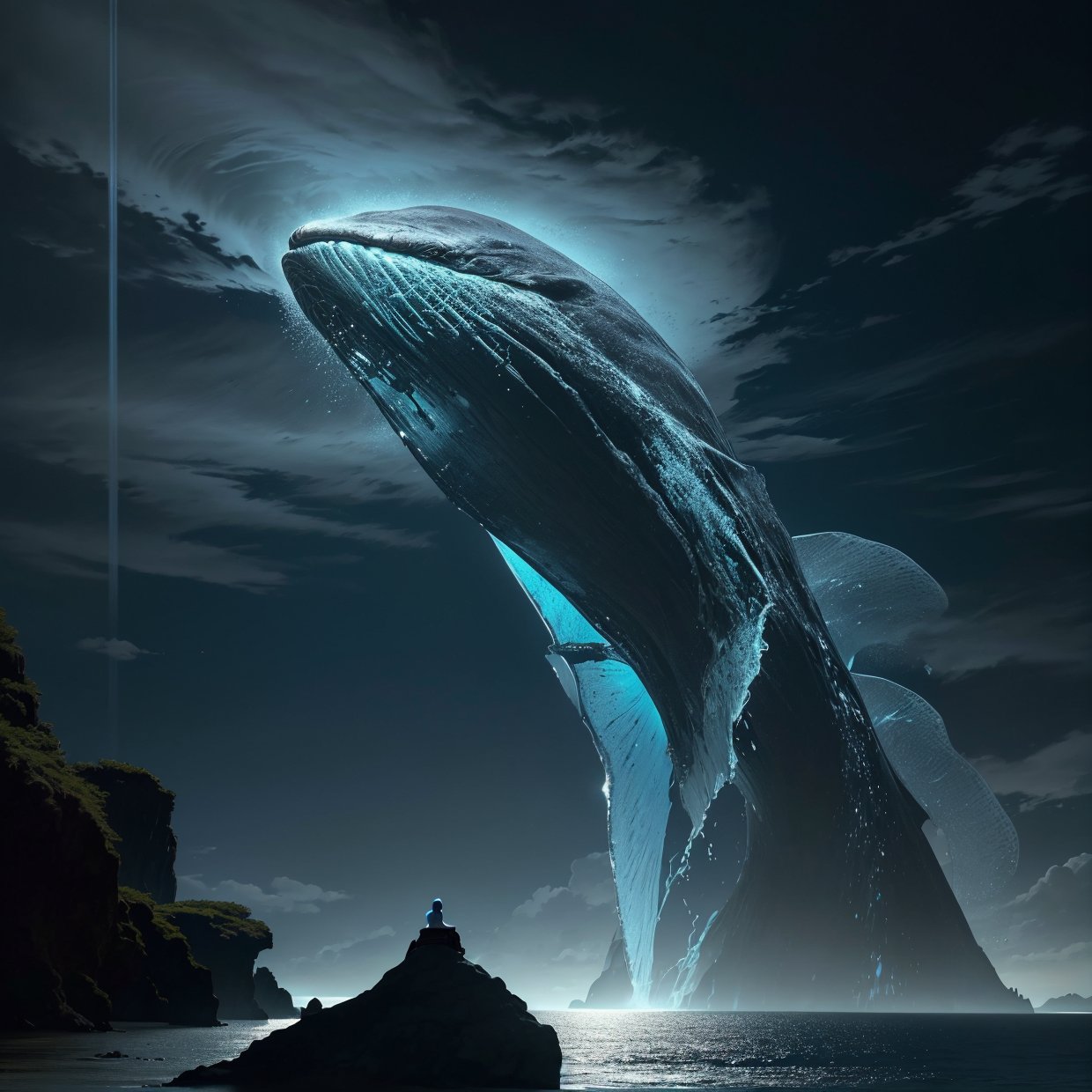 a giant blue whale soaring through the sky, majestic and ethereal, (best quality,4k,8k,highres,masterpiece:1.2),ultra-detailed,(realistic,photorealistic,photo-realistic:1.37),dramatic lighting, dramatic clouds, cinematic, stunning ocean scenery, glowing bioluminescent markings, intricate scales, flowing water effects, sense of wonder and awe