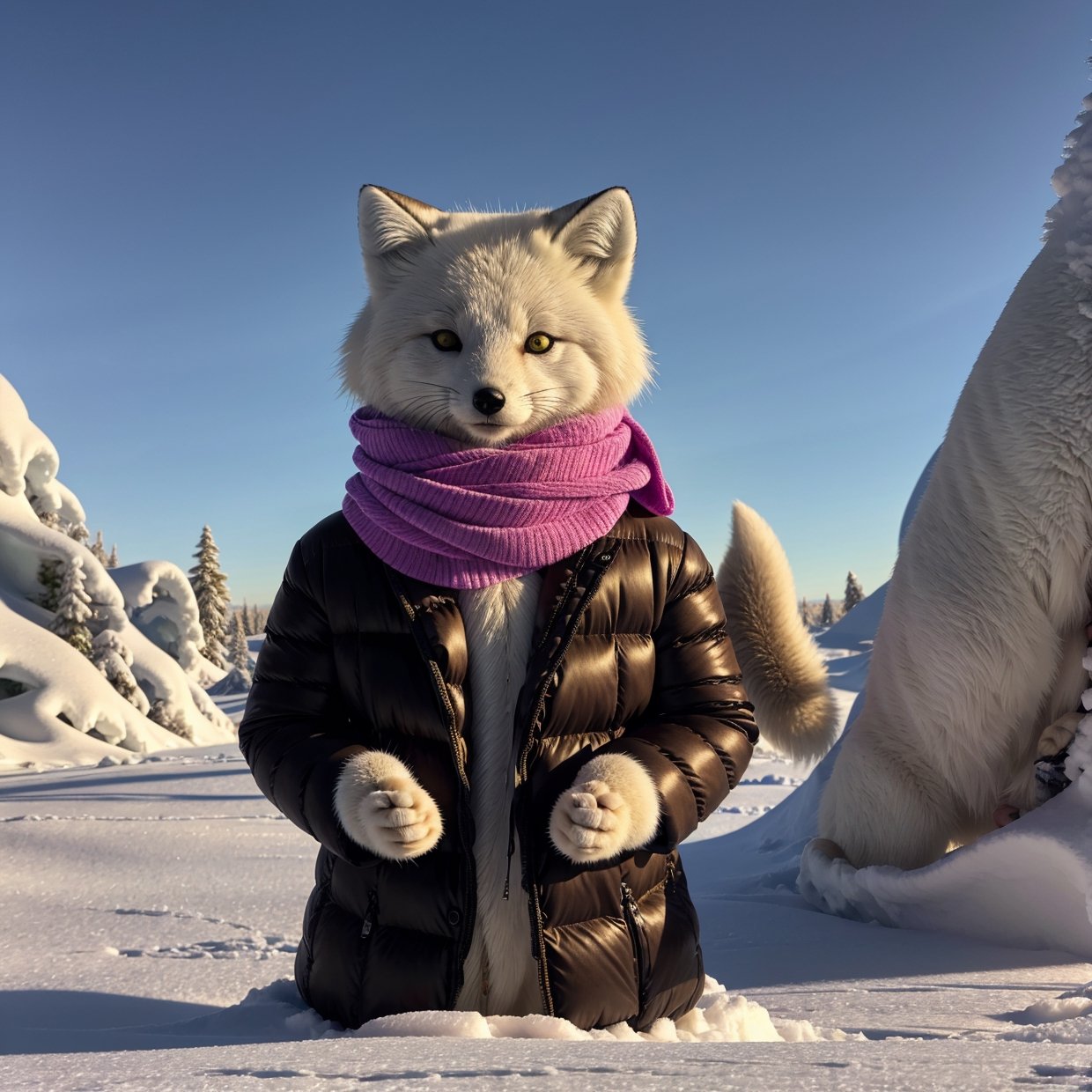 Style-NebMagic, portrait of Ismail Inceoglu, Gazelli, James jean, Anton Fadeev and Yoshitaka Amano, a fluffy cute Arctic fox wearing a Style-SylvaMagic scarf in the snow, very detailed, 8k resolution, digital art, trending on artstation, Vibrant Colours, Chibi style, masterpiece, adorable friendly lovely