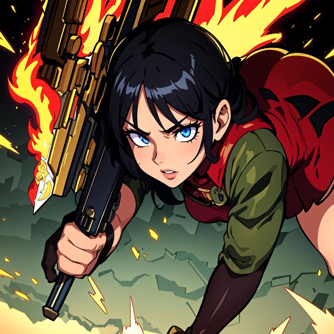 a girl holding a weapon,detailed eyes,detailed lips,extremely detailed eyes and face,long eyelashes,confident expression,black hair,flowing hair,military outfit,crouching position,backlit scene,dramatic lighting,energetic pose,action-packed atmosphere,dust particles in the air,intense colors,strong contrast,glass shards flying in the background,crumbling cityscape,fire and smoke effects,gritty texture,highly detailed weapon,masterpiece quality,ultra-detailed,photo-realistic,sharp focus,vivid colors