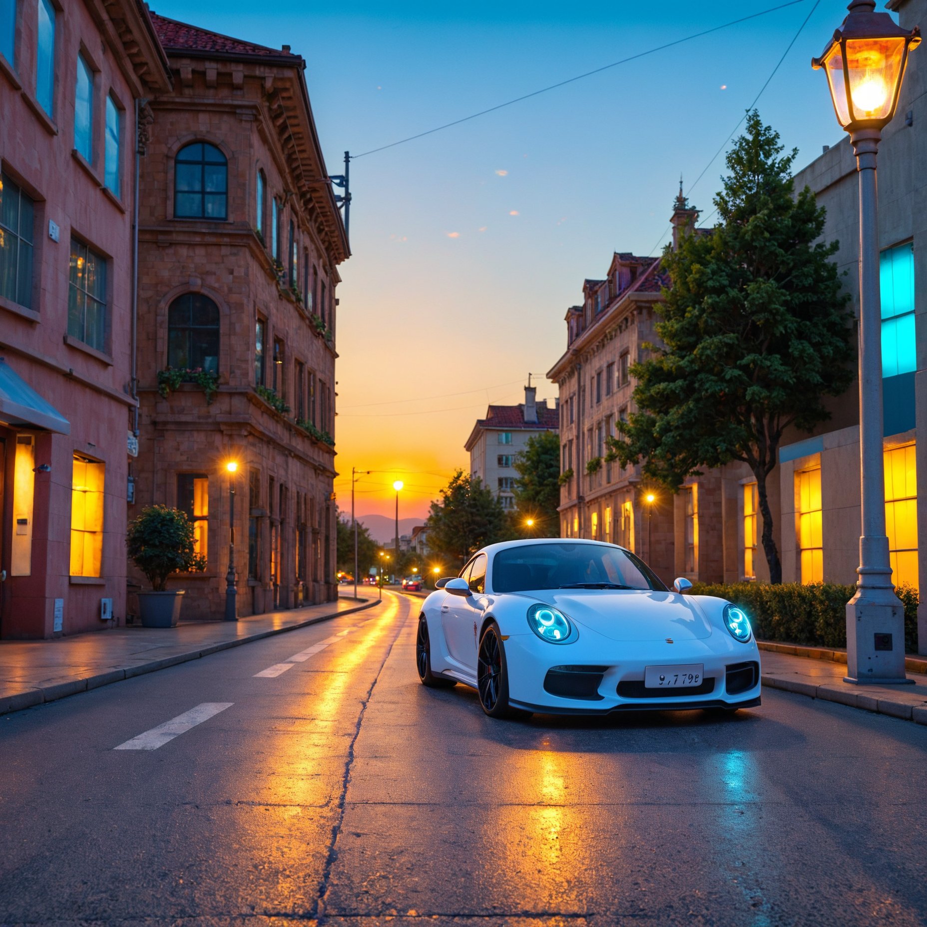 A Porsche 911 parked on a scenic road at sunset, with a stylish woman standing beside it. The cityscape of the metropolis unfolds in the background, showcasing towering skyscrapers and vibrant streetlights as the day transitions to night.