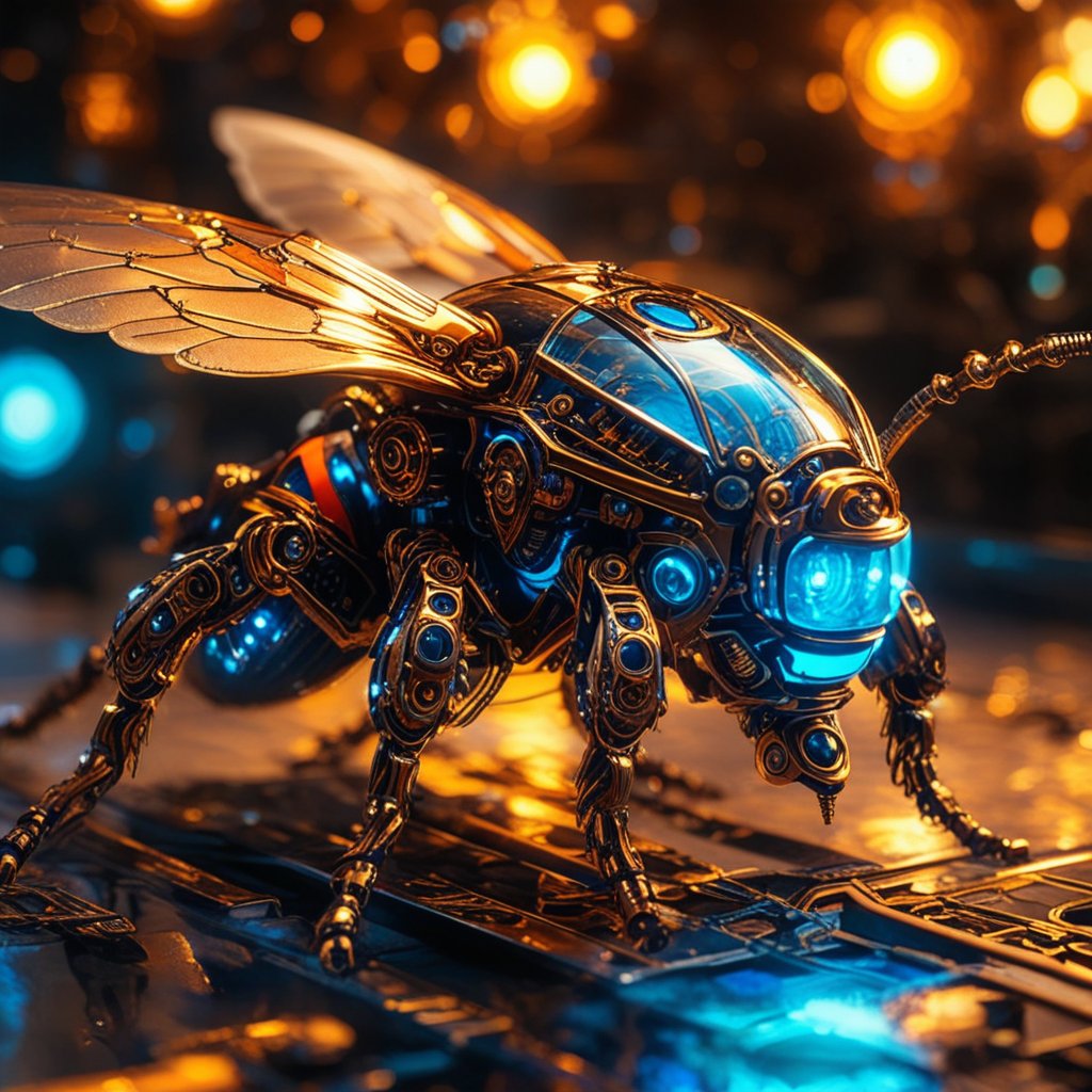 a mechanical creature, highly detailed mechanical body, intricate gears and mechanisms, glowing blue eyes, copper and brass accents, futuristic sci-fi design, dynamic pose, cinematic lighting, photorealistic, 8k, (best quality, 4k, 8k, highres, masterpiece:1.2), ultra-detailed, (realistic, photorealistic, photo-realistic:1.37), cinematic, dramatic shadows, volumetric lighting, intricate details, mechanical limbs, complex machinery, advanced technology, industrial, mechanical insect, insectoid features, futuristic aesthetic, advanced robotics, (concept art, digital painting, highly detailed:1.2)