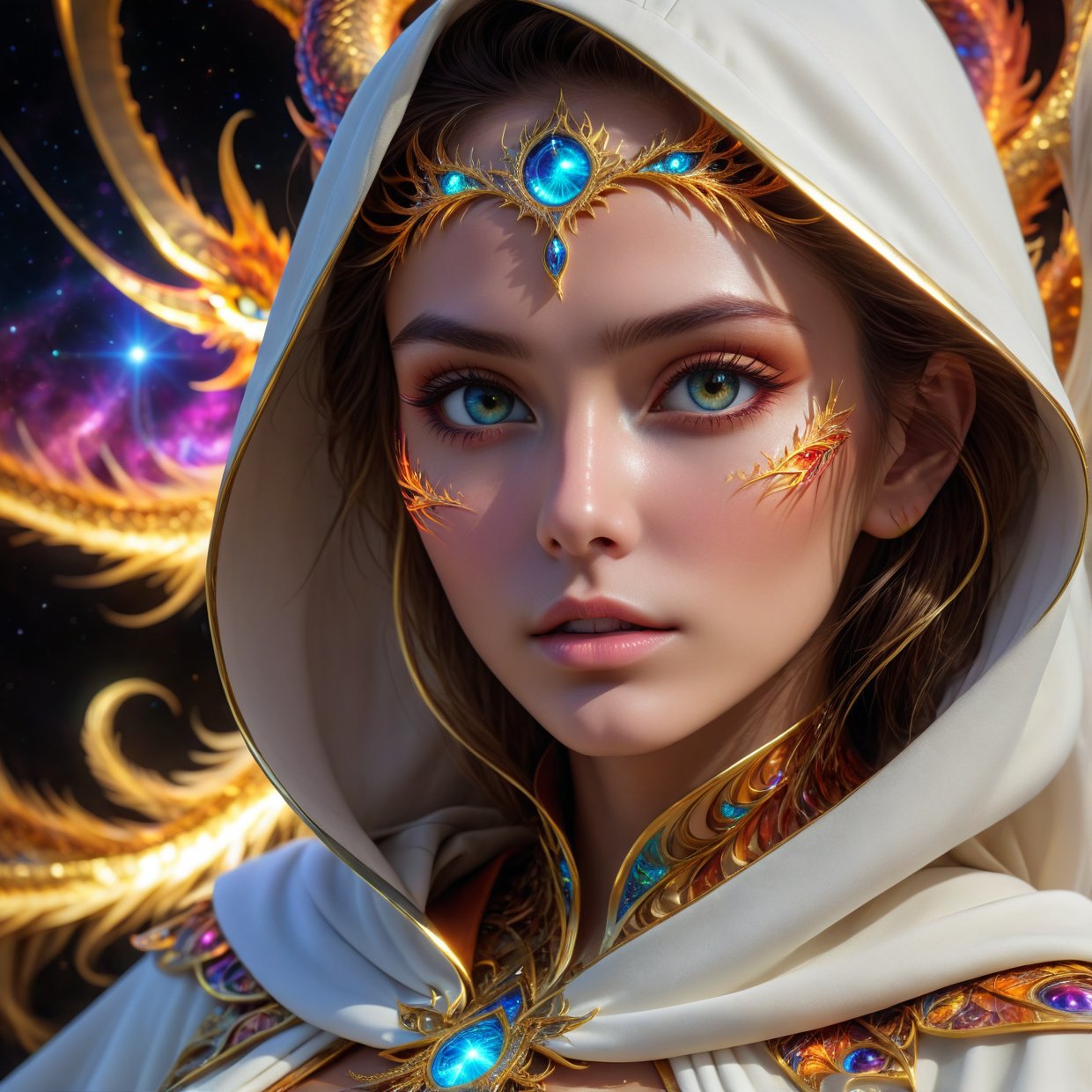 (masterpiece, top quality, best quality, official art, beautiful and aesthetic:1.2), (1girl), extreme detailed eyes, (fractal art:1.3), colorful, highest detailed, (perfect face), shiny skin, HDR, (white cloak golden lines:1.2), galaxy, (light streaks), striking visuals, (dynamic streaks, luminous trails:1.2), vibrant colors, (phoenix), (dragon)