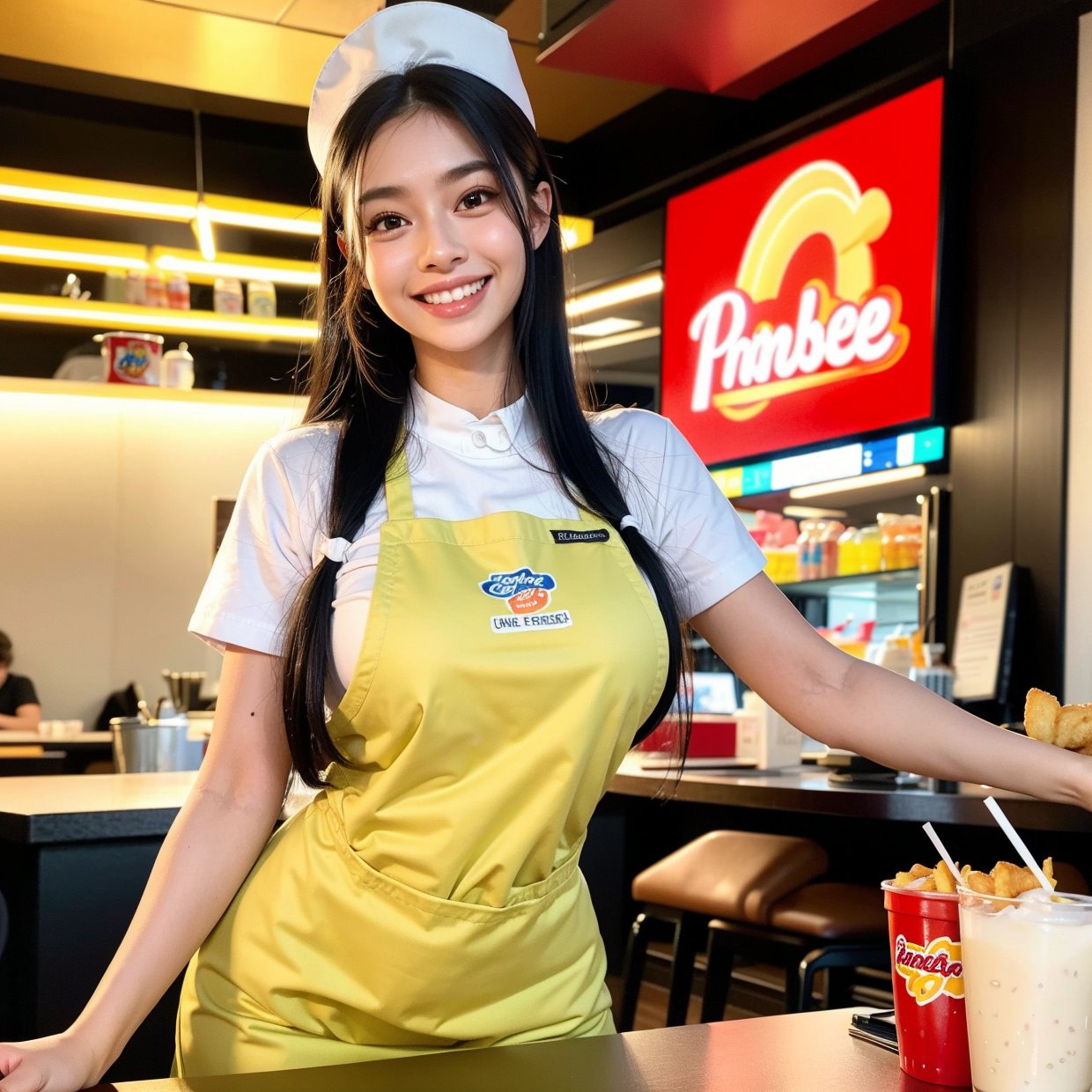 a fast food worker, fast food restaurant, fast food counter, fast food apron, fast food uniform, french fries, hamburger, cheeseburger, soda, milkshake, cashier, order taking, cooking, serving, smiling, friendly expression, dynamic pose, bright lighting, warm colors, photorealistic, (best quality,4k,8k,highres,masterpiece:1.2),ultra-detailed,(realistic,photorealistic,photo-realistic:1.37)