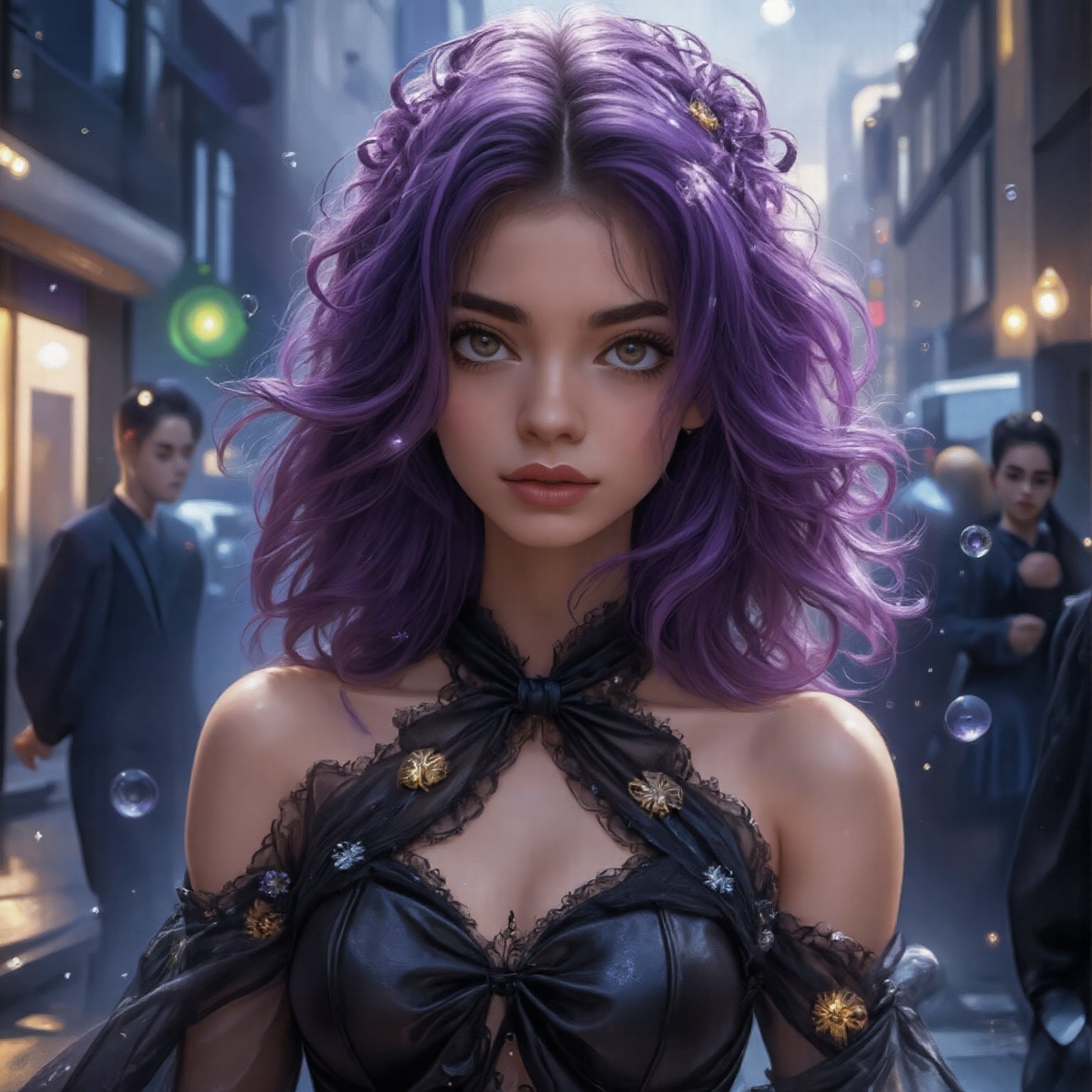 nigth city, girl purple hair, enchanted, magic, digital, concept art, (((shiny photorealism))), smooth, sharp focus, artstation, pixiv, art by Ilya Kuvshinov