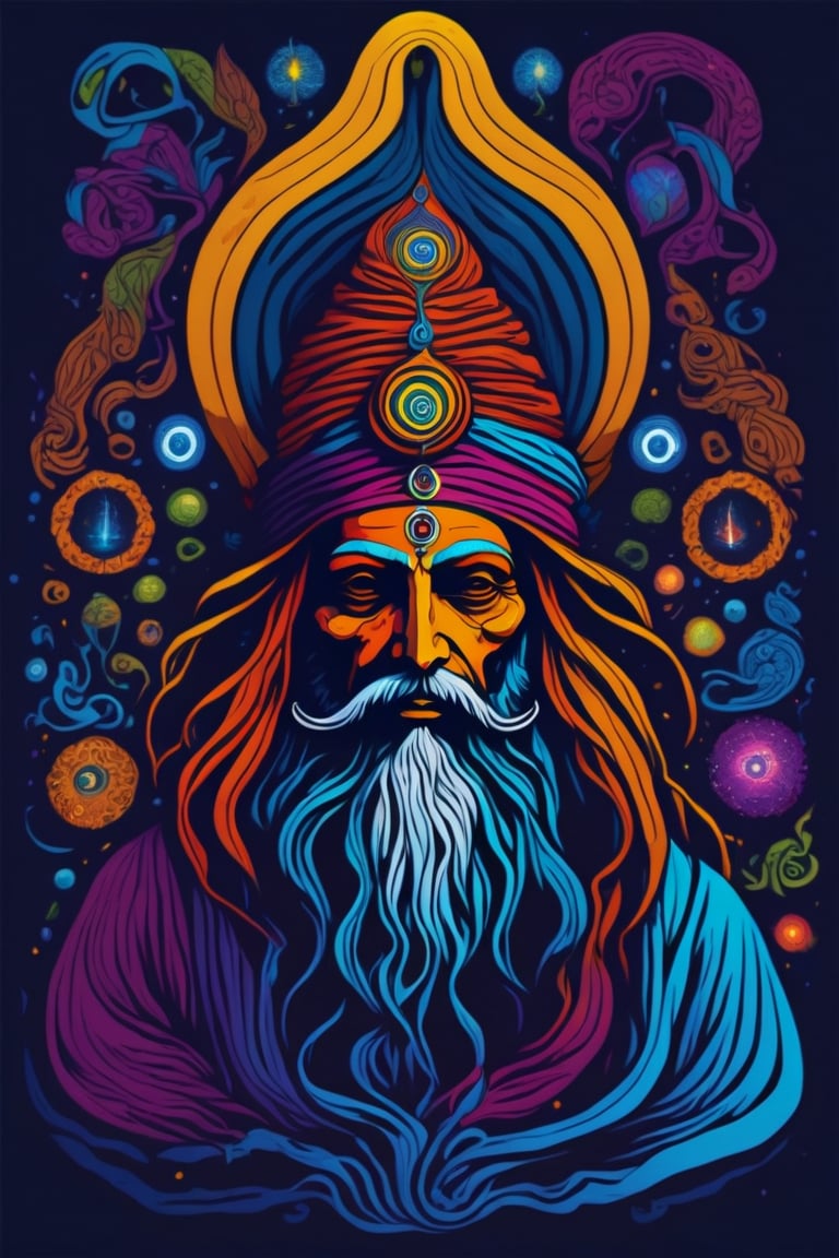 Leonardo Style, illustration,Centred vector art, míster kundalini Energy ,intense dark colors , LSD trip style ,  Centred vector art, 