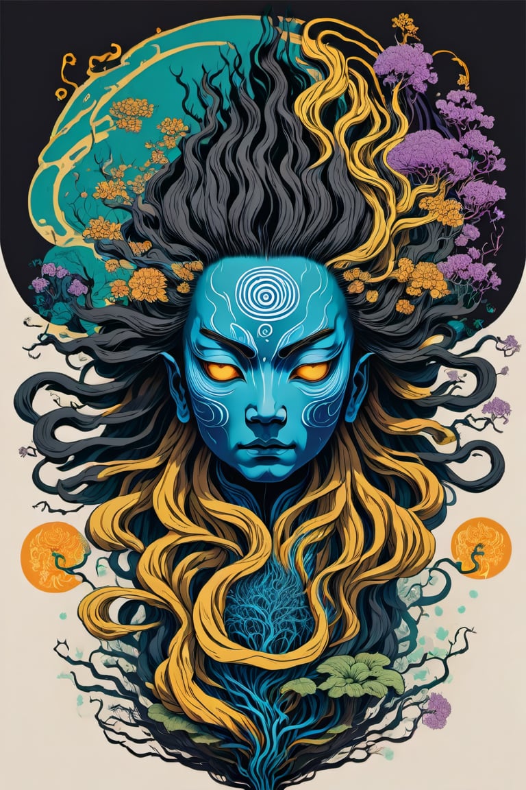 Leonardo Style, illustration,Centred vector art, high contrast, Well-defined black lines, A mystical being with hair as if they were floating roots and some blooming ,traditional Chinese style, intense dark colors , LSD trip style ,  Centred vector art, ,oni style