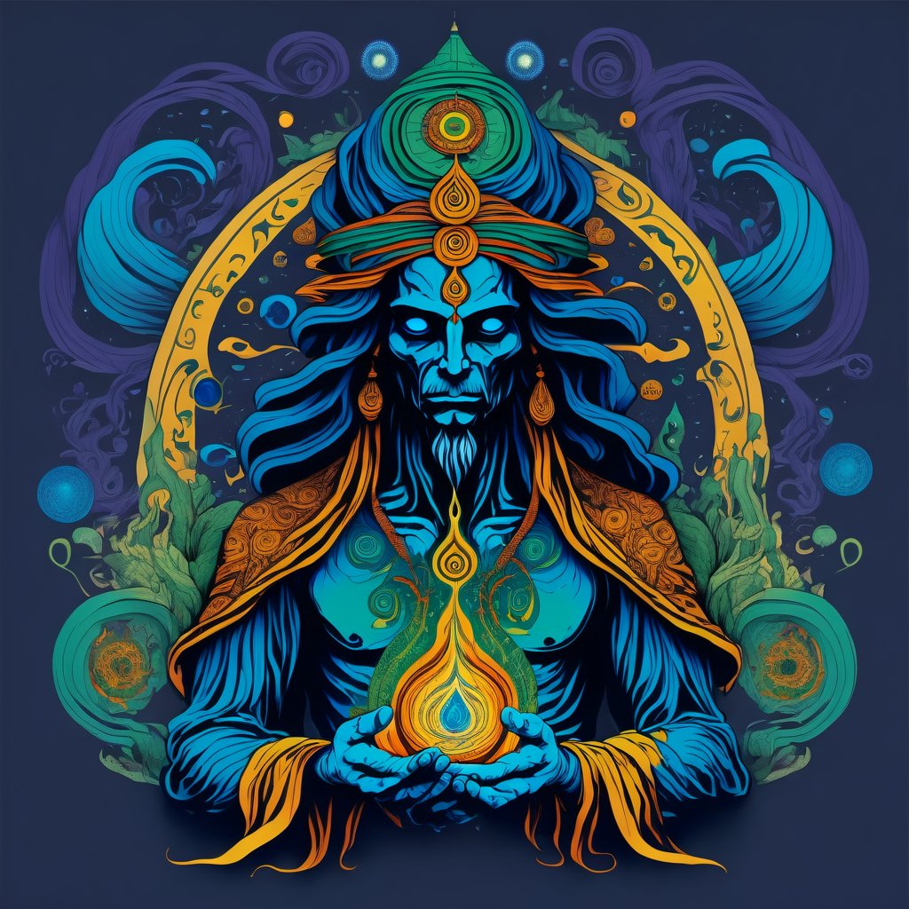 Leonardo Style, illustration,Centred vector art, místic kundalini Energy ,intense dark colors , LSD trip style ,  Centred vector art, 