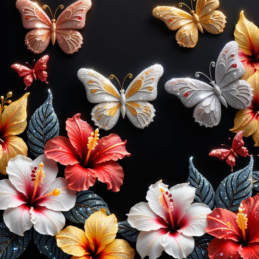 (Top quality, 8K, high resolution, masterpiece), ultra detailed, simple background, flowers, crystals, black background, (text "TA 1st Anniversary"): 1.6), hibiscus, crown, butterfly, red, yellow, white flowers, colorful hibiscus,glitter