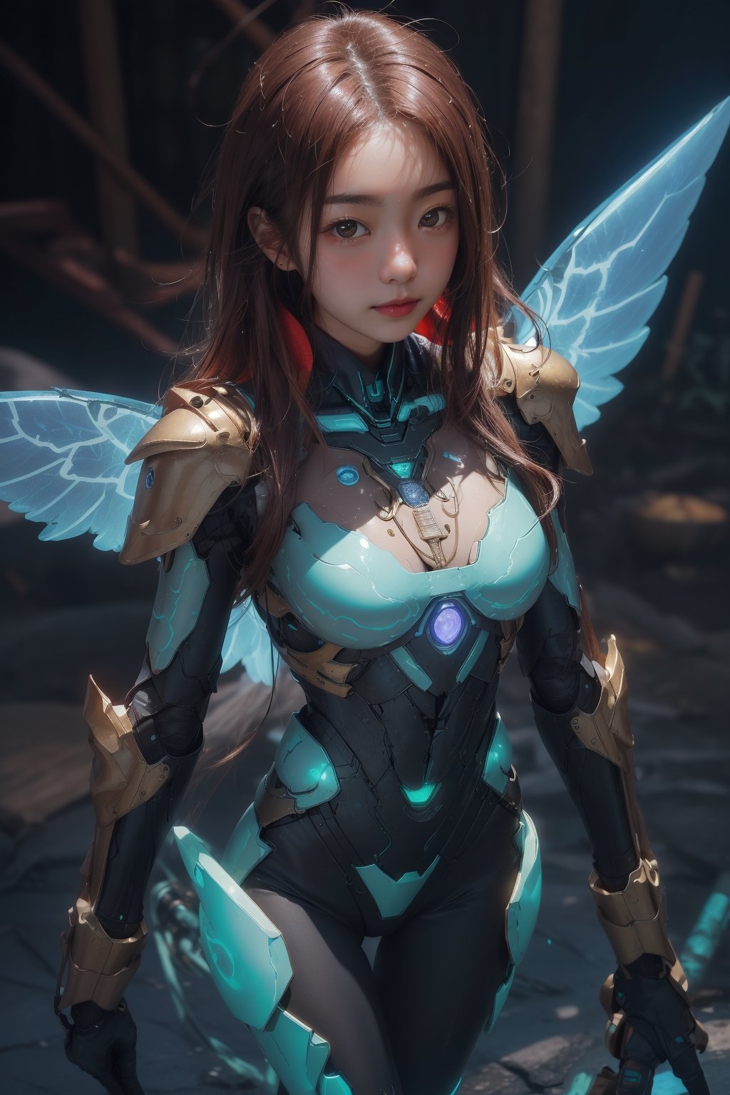 1girl, stunning toned girl, fully clothed, layered armor, small breasts, model woman, symmetrical beautiful face, oval jaw, asian features, big bright eyes, symmetrical perfect round iris, hourglass figure, flat chest, waist high Portrait, glowing wings, mecha girl, glowing eyes, metallic colorful skin, cybernetic, exposed wiring, mechanical joints, advanced, weaponry, glowing emerald chest, mechanical boots, stunning hourglass figure, long red silky hair with black highlights, medium chest, futuristic, shiny metal, metallic paint, absurdres, masterpiece, perfect quality, perfect proportions, brilliant lighting, cyberpunk, sharp focus, skin imperfections, smile, smile dimples, big bright eyes, big full lips, bioluminescent, wet bone structure, bright lighting, 