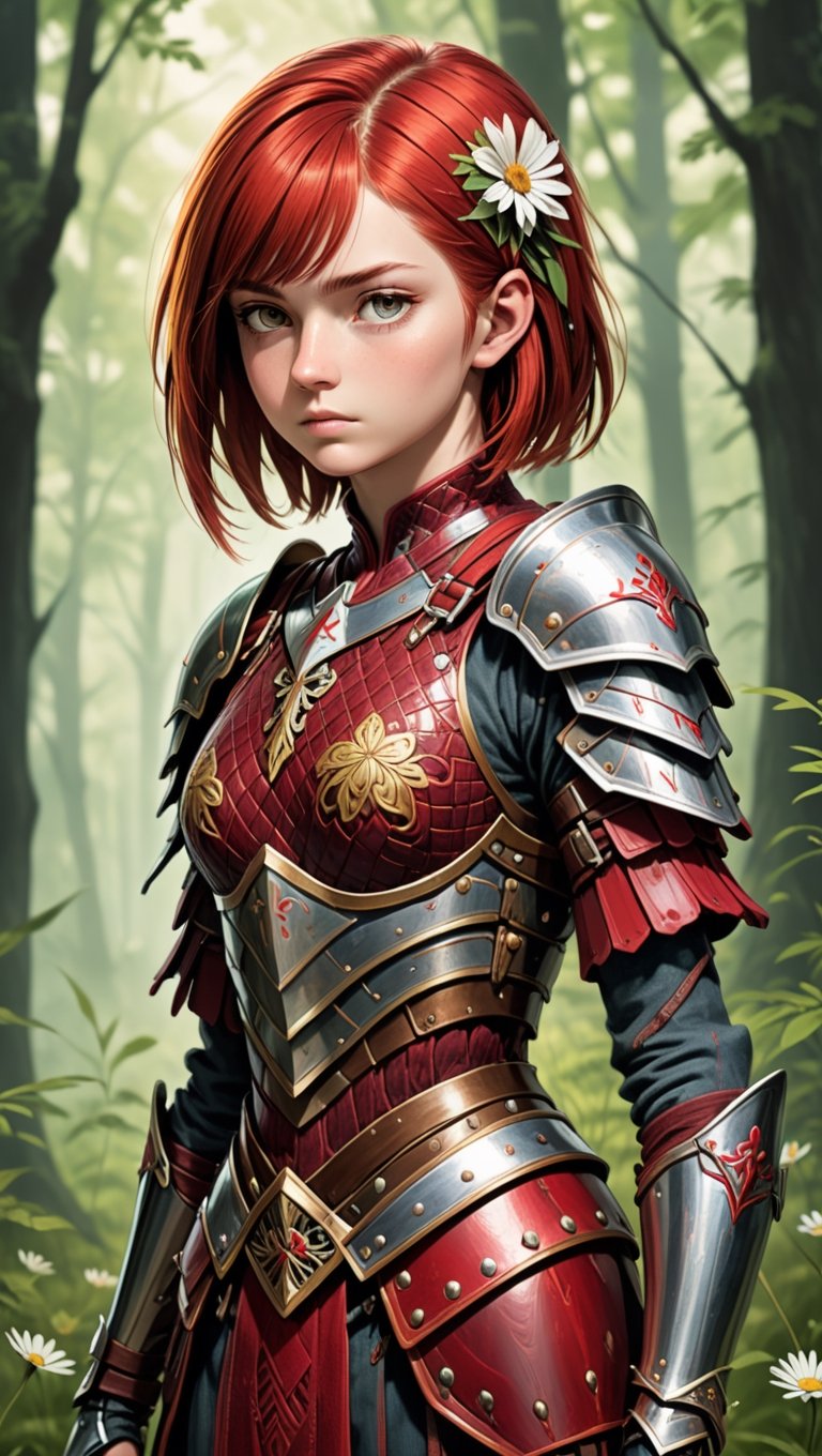 Composition from head to foot. Estimated to be around 14 to 18 years old. Her baby-faced eyes and eyebrows are proof of her strong will. She has very short passionate red hair with uneven bangs. She easily wears full armor with red woven into it here and there, and loves a slender double-edged sword. Her occupation is a heavy warrior in a Western European RPG. She deserves a small flower that blooms in the wilderness beneath her feet.,sdxl