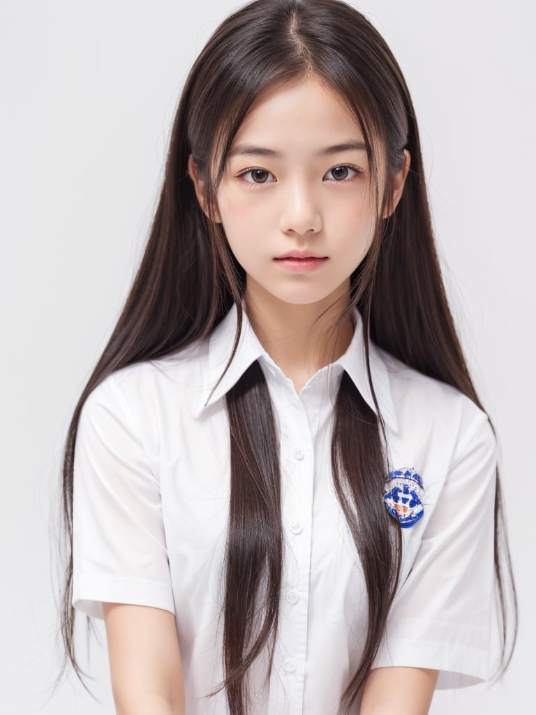 1girl, portrait, (age 13-16:1.4), gorgeous, (dynamic pose:0.8),studio lighting, white background, thai-japanese teen top model, bang, curly long hair, heterochromia, stewarddess uniform