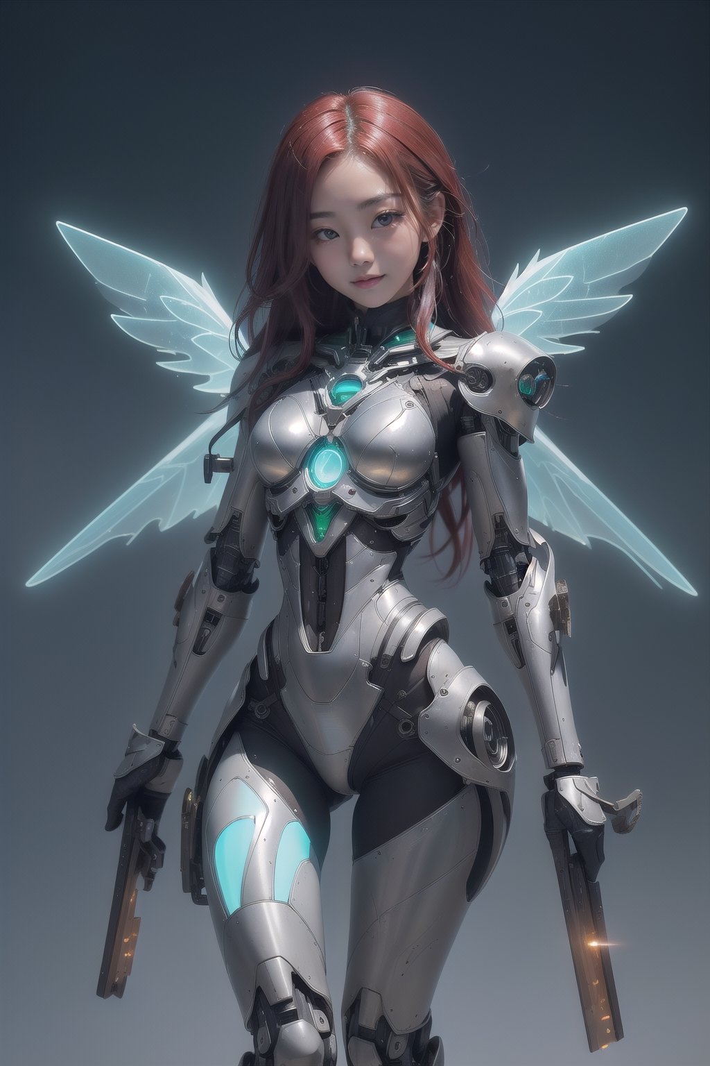 1girl, stunning toned girl, fully clothed, layered armor, small breasts, model woman, symmetrical beautiful face, oval jaw, asian features, big bright eyes, symmetrical perfect round iris, hourglass figure, flat chest, waist high Portrait, glowing wings, mecha girl, glowing eyes, metallic colorful skin, cybernetic, exposed wiring, mechanical joints, advanced, weaponry, glowing emerald chest, mechanical boots, stunning hourglass figure, long red silky hair with black highlights, medium chest, futuristic, shiny metal, metallic paint, absurdres, masterpiece, perfect quality, perfect proportions, brilliant lighting, cyberpunk, sharp focus, skin imperfections, smile, smile dimples, big bright eyes, big full lips, bioluminescent, wet bone structure, bright lighting, 